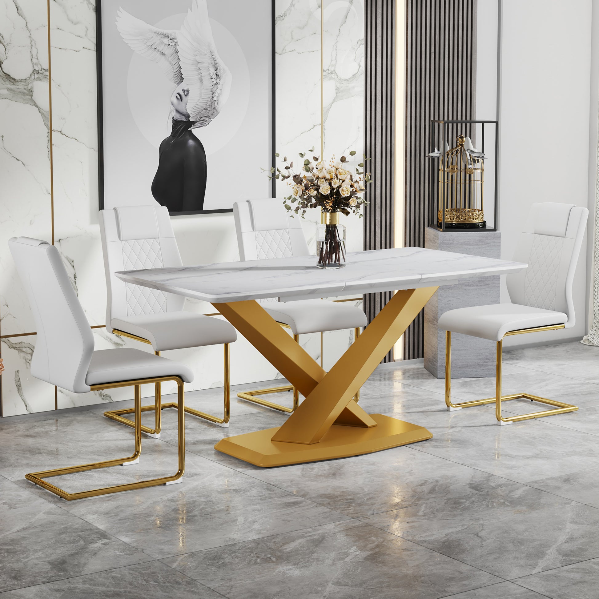 Table And Chair Set, The Table Is Equipped With A Marble Patterned Mdf Tabletop And Gold Table Legs.Dining Chairs,Gold Legged Upholstered Chairs Made Of Artificial Leather. Gold White Seats 4 Mdf
