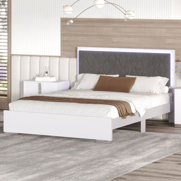 Queen Size Upholstered Bed With Led Light,Modern Platform Bed With With Velvet Headboard,White Queen White Mdf