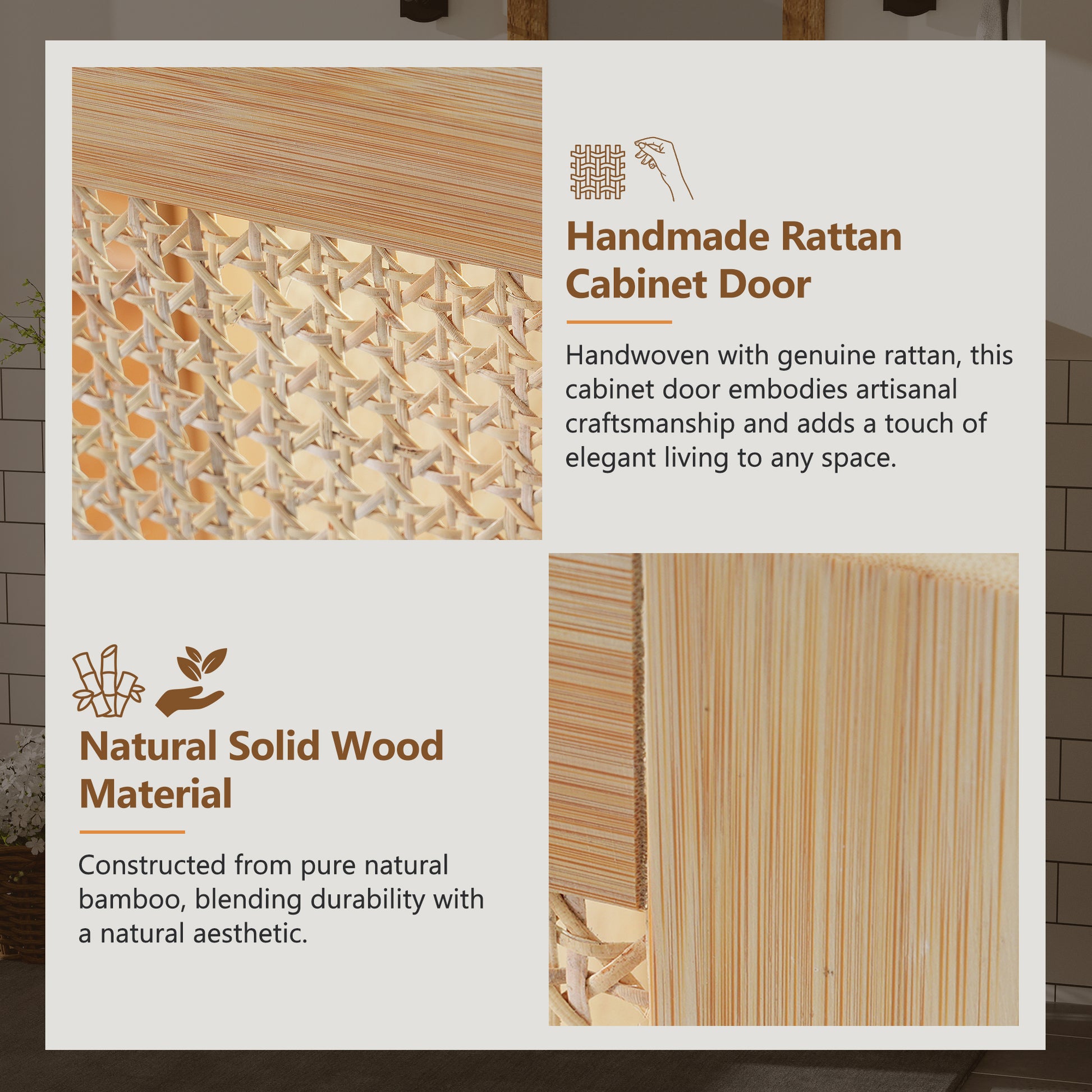 30 Inch Bathroom Vanity Crafted From Natural Materials, Featuring Handmade Rattan Doors And Soft Closing Mechanisms Wood Wood Rattan