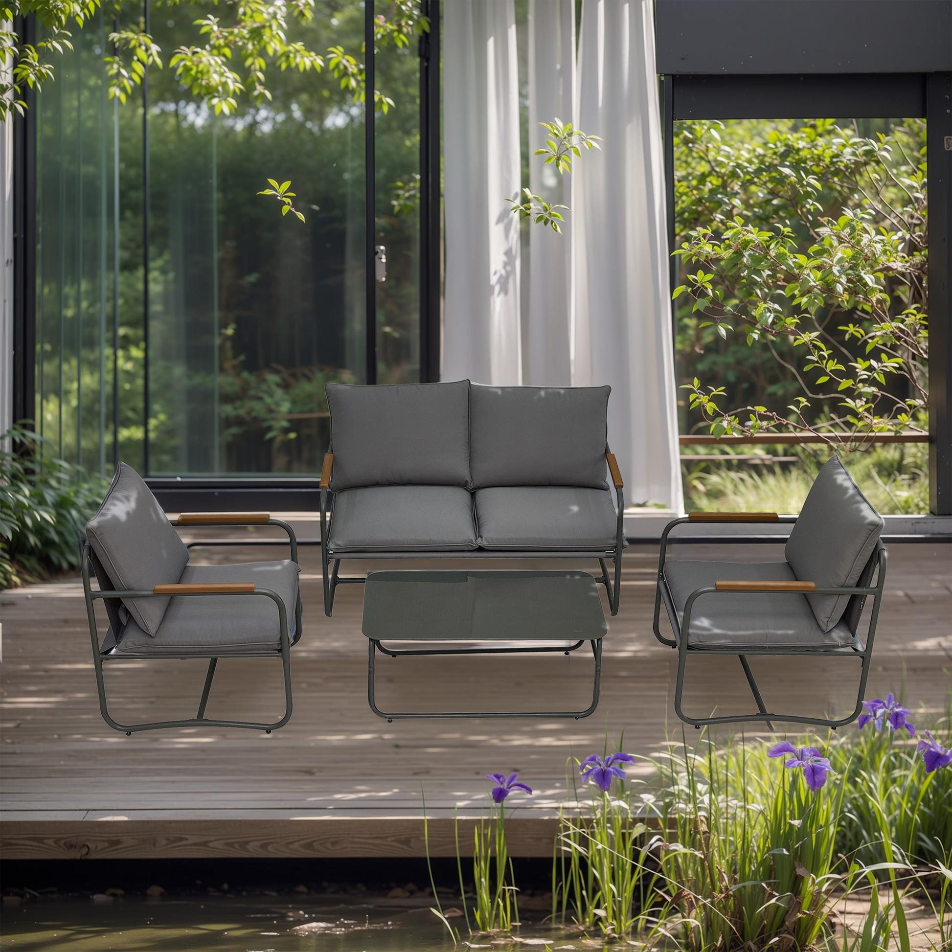 4 Piece Outdoor Patio Furniture Sets, Patio Conversation Set With Removable Seating Cushion, Courtyard Patio Set For Home, Yard, Poolside Grey Gray Aluminum