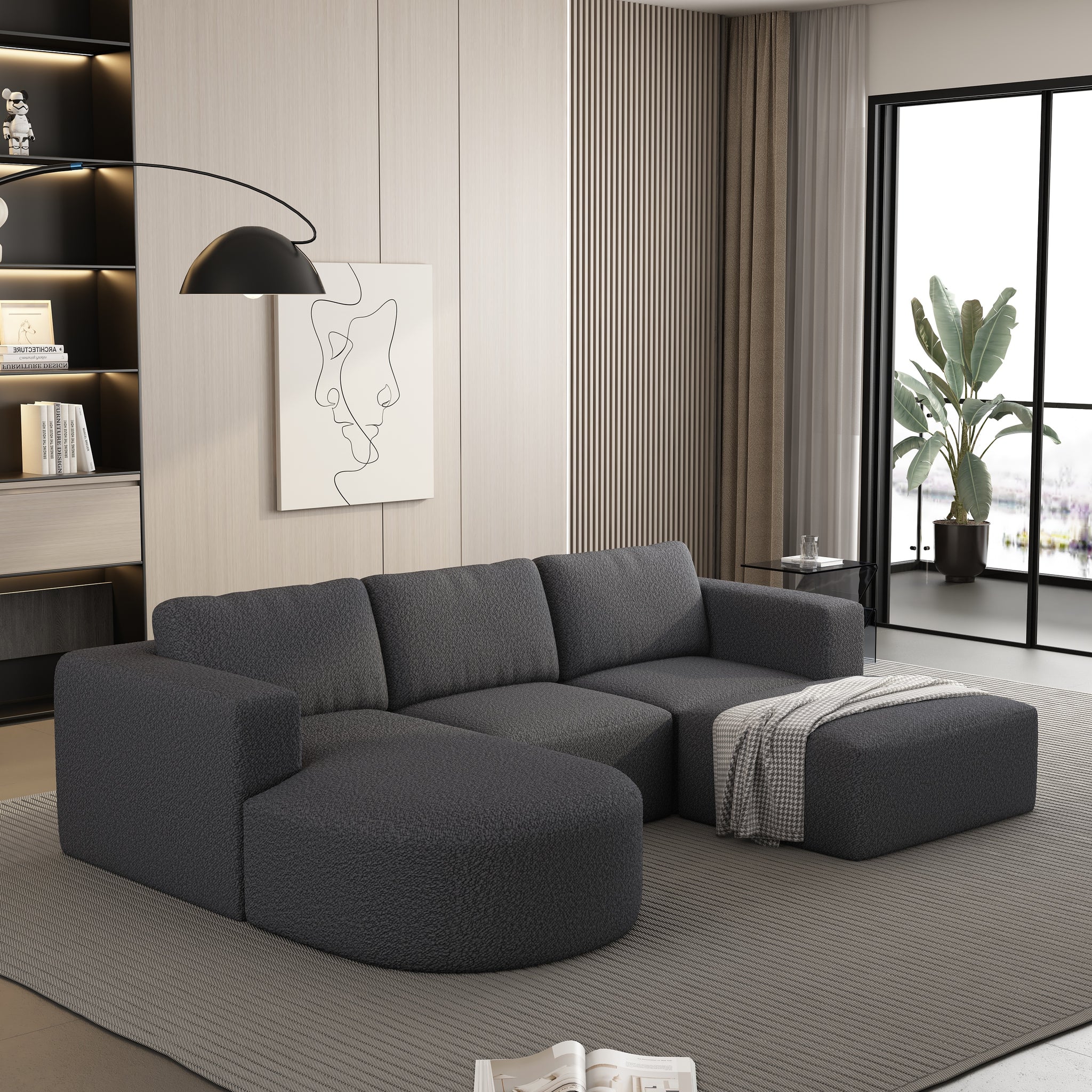 104.32*70.86 Modular Sectional Sofa Sleeper Couch, Sectional Sofa With Chaise And Ottoman, Convertible U Shaped Modular Sofa Set. Compressed Sponge, Dark Grey Combo A B C D Dark Grey Primary Living Space Soft Minimalist,Modern Foam Spring 5 Seat