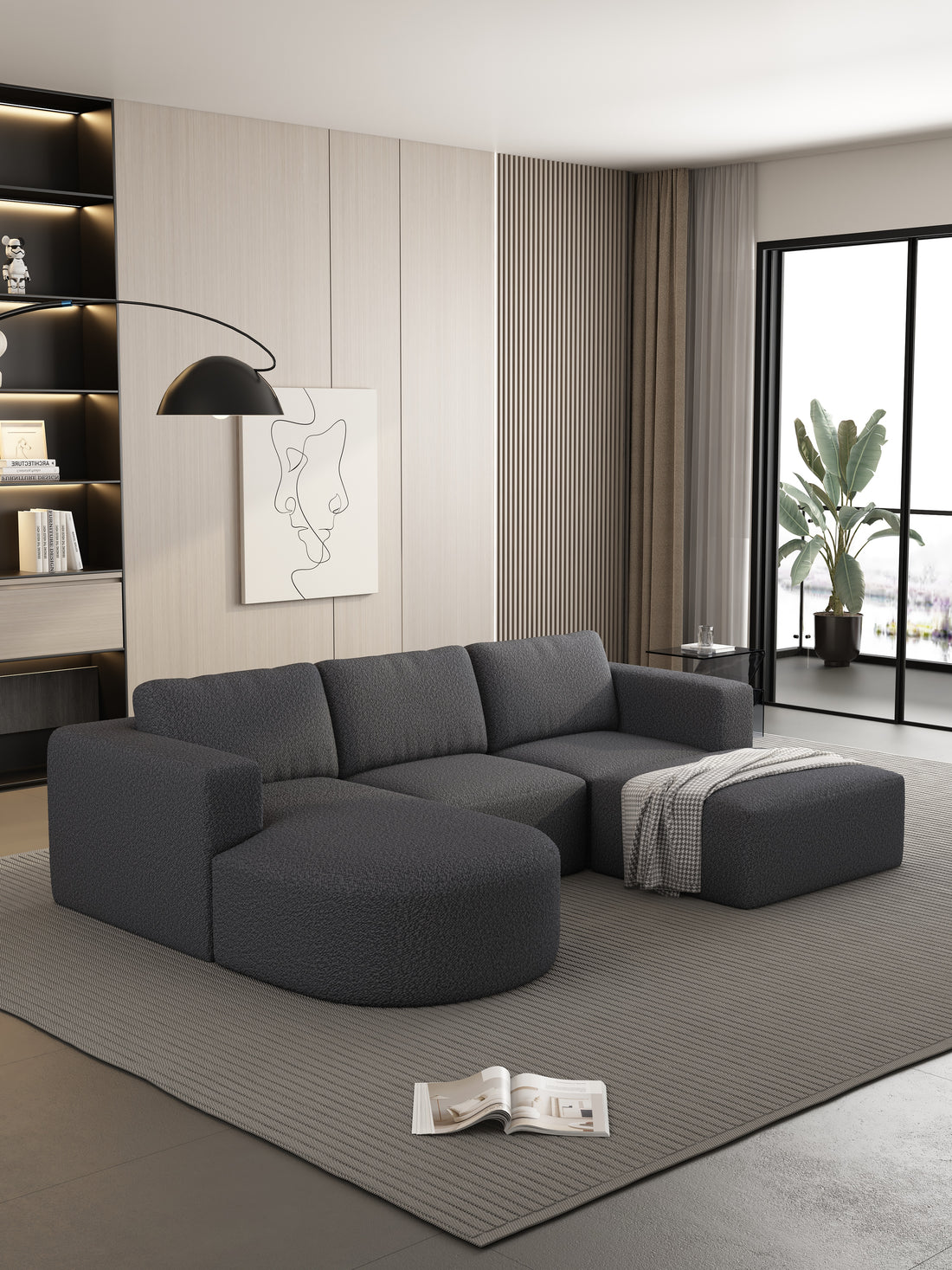 104.32*70.86 Modular Sectional Sofa Sleeper Couch, Sectional Sofa With Chaise And Ottoman, Convertible U Shaped Modular Sofa Set. Compressed Sponge, Dark Grey Combo A B C D Dark Grey Primary Living Space Soft Minimalist,Modern Foam Spring 5 Seat