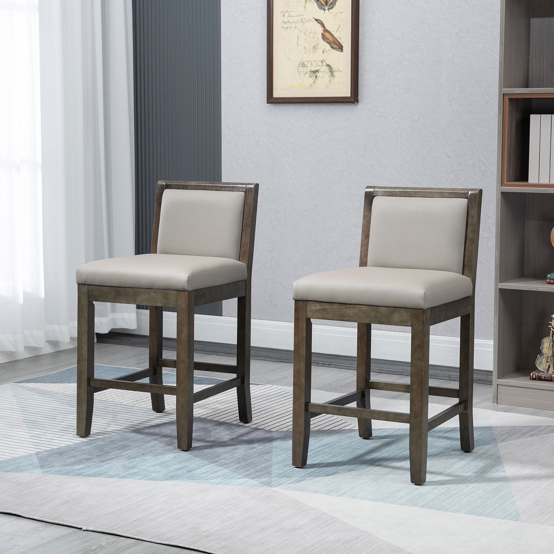 Homcom 25.5" Counter Height Bar Stools Set Of 2, Pu Leather Kitchen Stool, Upholstered Bar Chairs With Back, Wood Legs, Grey Grey Rubber Wood