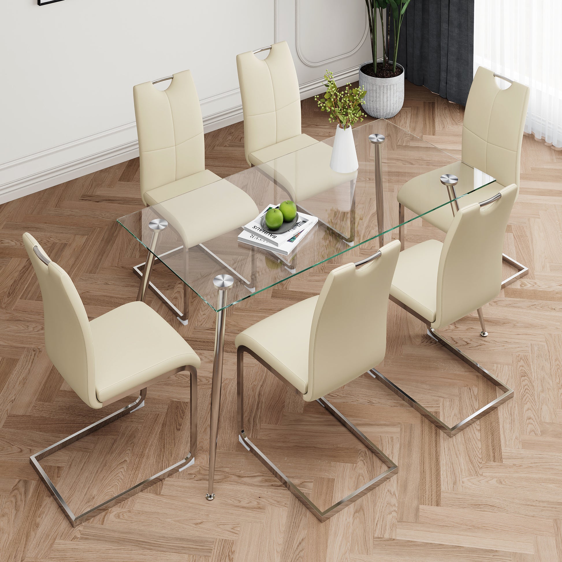 Modern Simple Rectangular Glass Dining Table, Solid Tempered Glass Tabletop, Electroplated Table Legs, Light Yellow Pu Dining Chair Set, Suitable For Restaurant Kitchen Use Set Of 7 Upholstered Chair Glass Light Yellow Seats 6 Metal Rectangular Dining