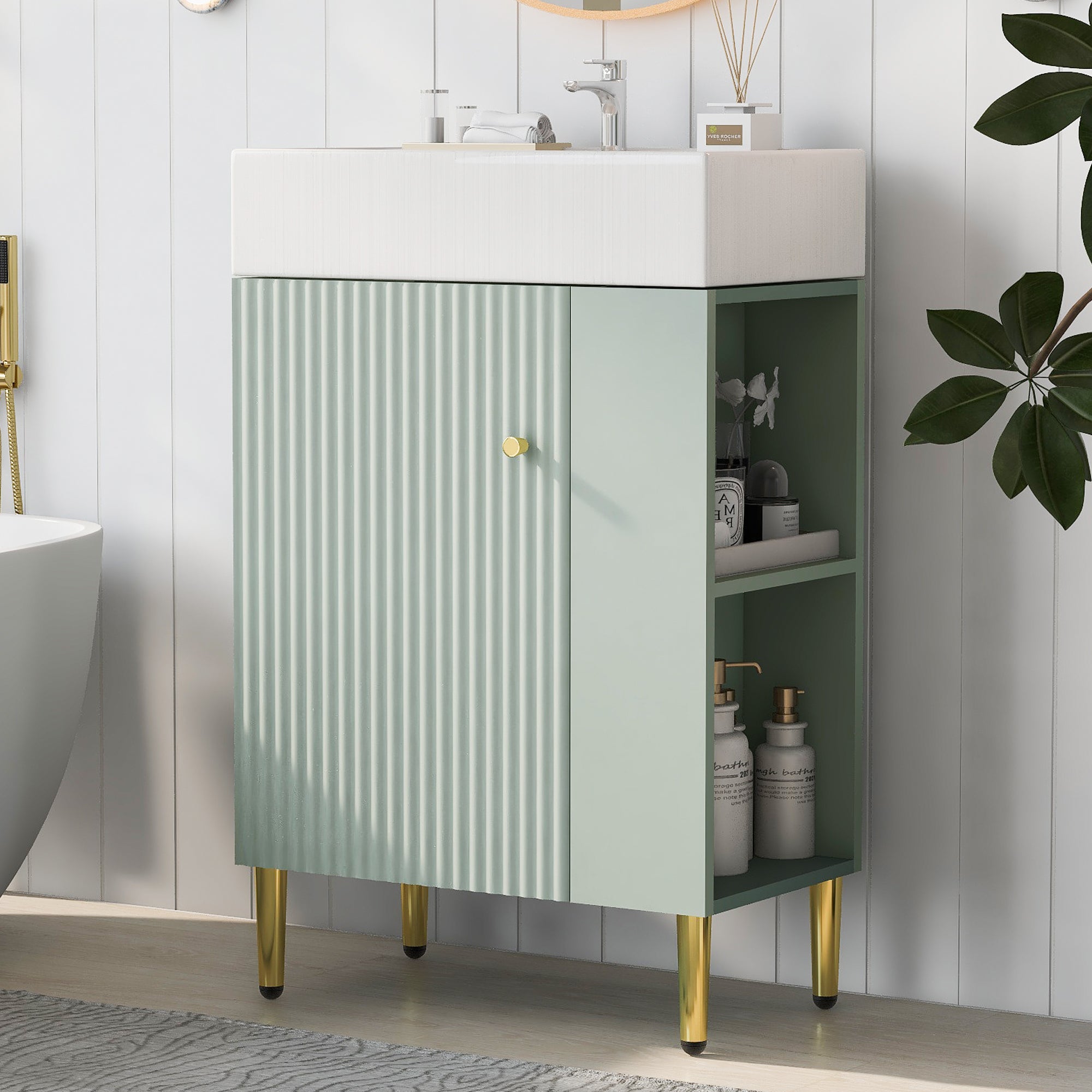 21.6" Green Bathroom Vanity, Combo Cabinet, Bathroom Storage Cabinet, Single Ceramic Sink, Right Side Storage Green Bathroom Ceramic Mdf