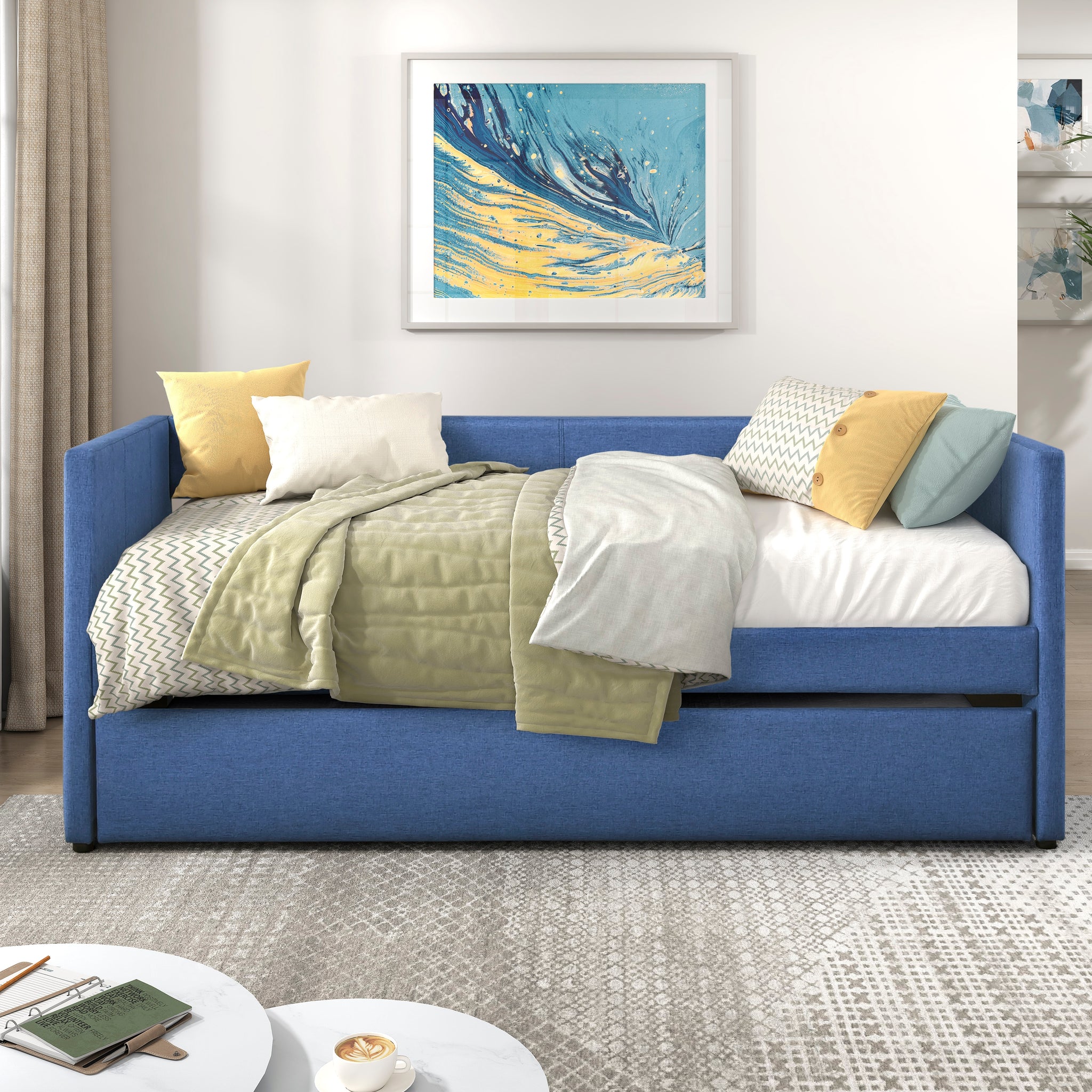 1Pc Daybed With Trundle Blue Fabric Upholstery Wooden Frame Modern Home Furniture Box Spring Not Required Blue Wood Primary Living Space Modern,Transitional Polyester Engineered Wood,Wood