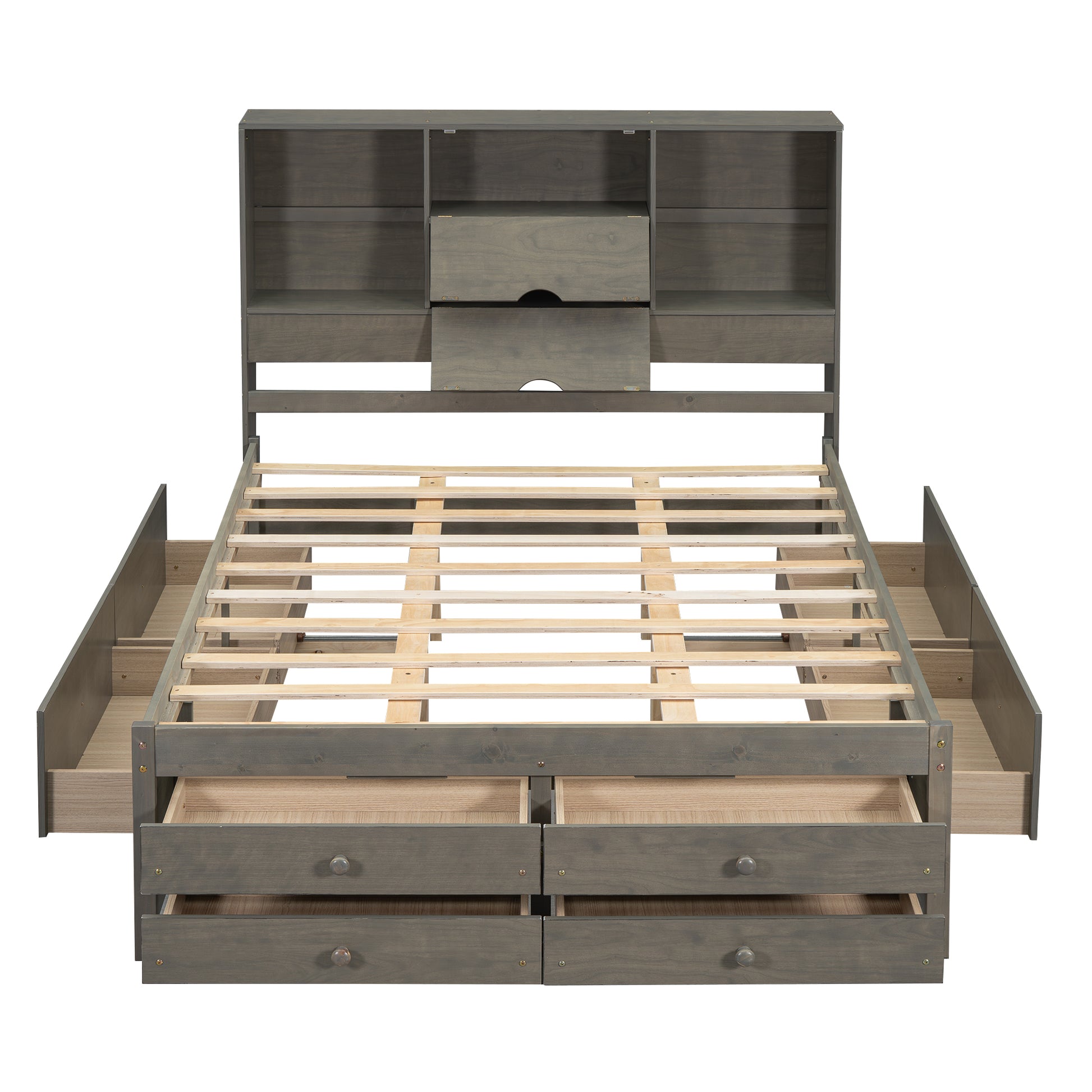 Queen Size Platform Bed With Storage Headboard And 8 Drawers, Gray Box Spring Not Required Queen Gray Wood Bedroom Bed Frame Solid Wood Mdf