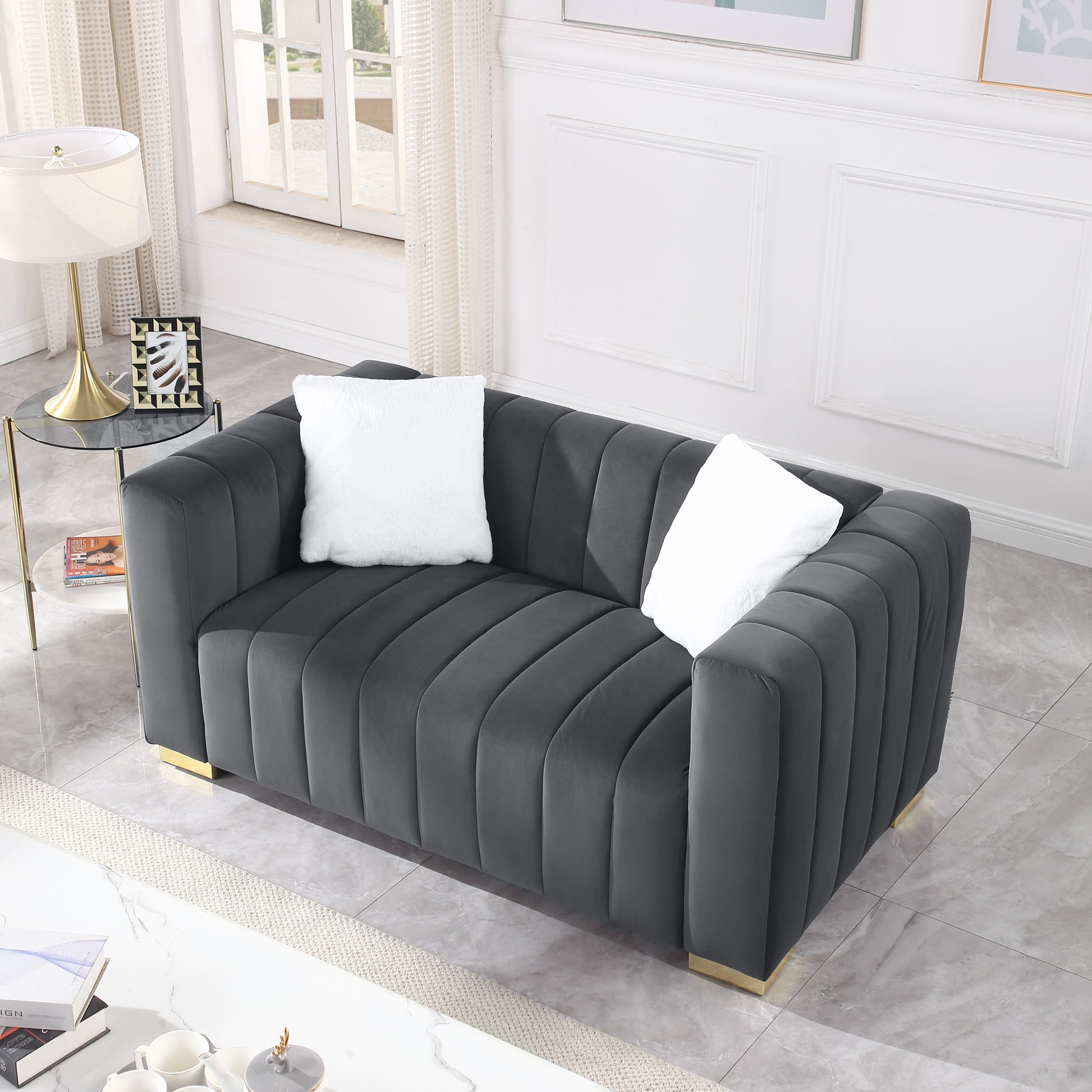 A Modern Channel Sofa Take On A Traditional Chesterfield,Grey Color,Seater Grey Velvet 2 Seat