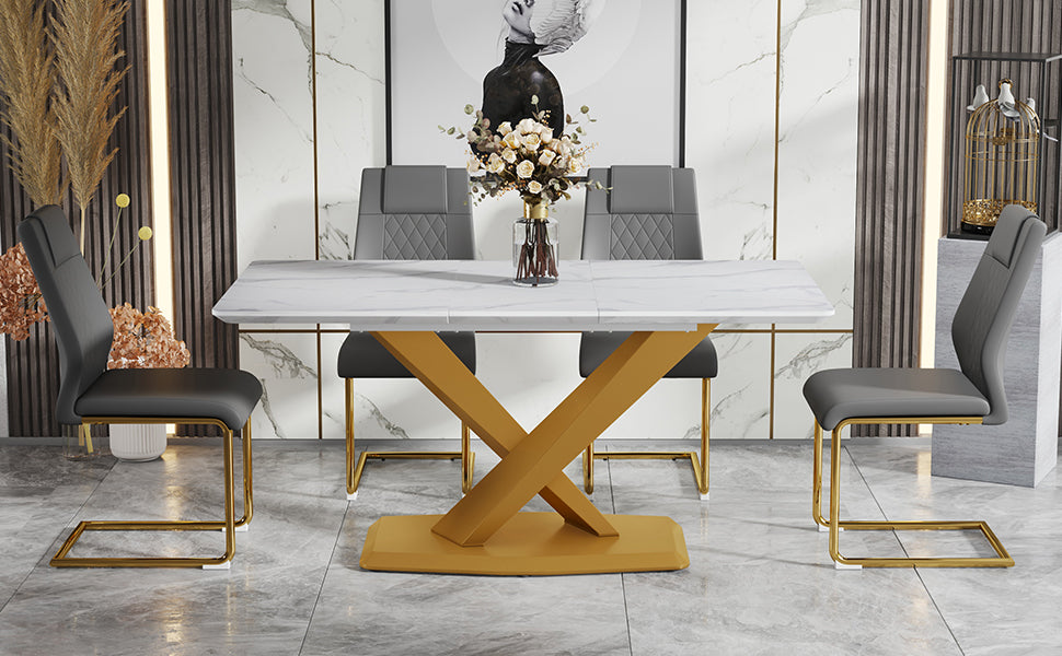Table And Chair Set, The Table Is Equipped With A Marble Patterned Mdf Tabletop And Gold Table Legs.Dining Chairs,Gold Legged Upholstered Chairs Made Of Artificial Leather. Grey Gold Seats 4 Mdf