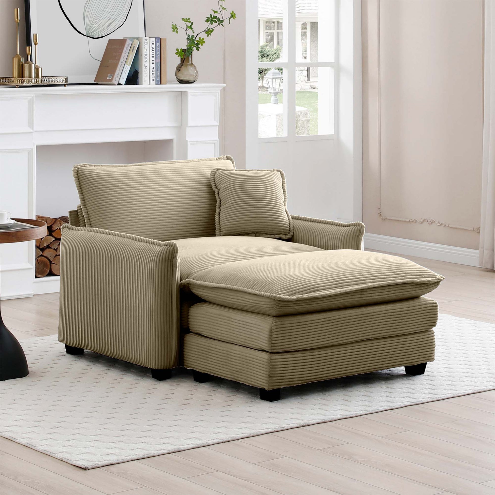 Single Deep Seat Sofa With Footstool With One Pillow, Suitable For Living Room And Bedroom, Club Multiple Occasion,Came Corduroy Camel Corduroy 1 Seat