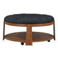 Modern Large Round Ottoman Coffee Table 2 Tier Oversized Button Tufted Ottoman With Wood Shelf Storage Upholstered Coffee Table For Living Room Footrest Ottoman With Wheel, Waterproof Linen Black Brown Rubber Wood