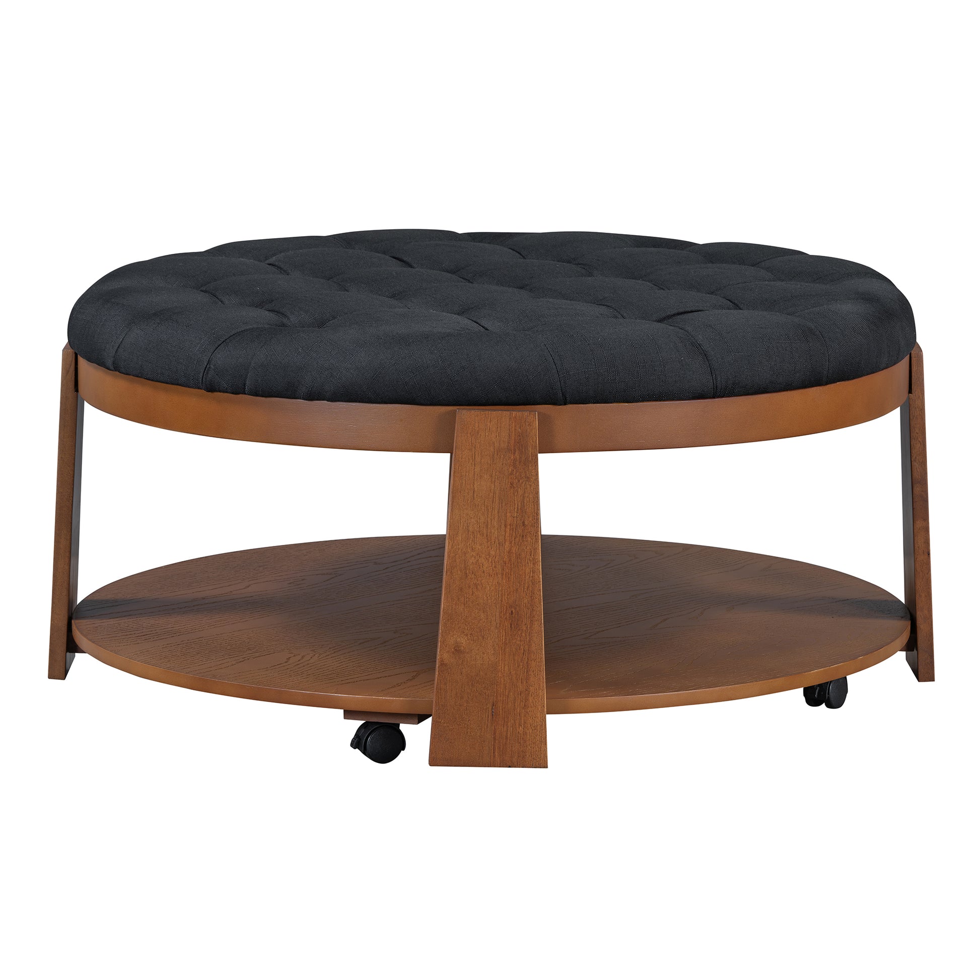 Modern Large Round Ottoman Coffee Table 2 Tier Oversized Button Tufted Ottoman With Wood Shelf Storage Upholstered Coffee Table For Living Room Footrest Ottoman With Wheel, Waterproof Linen Black Brown Rubber Wood