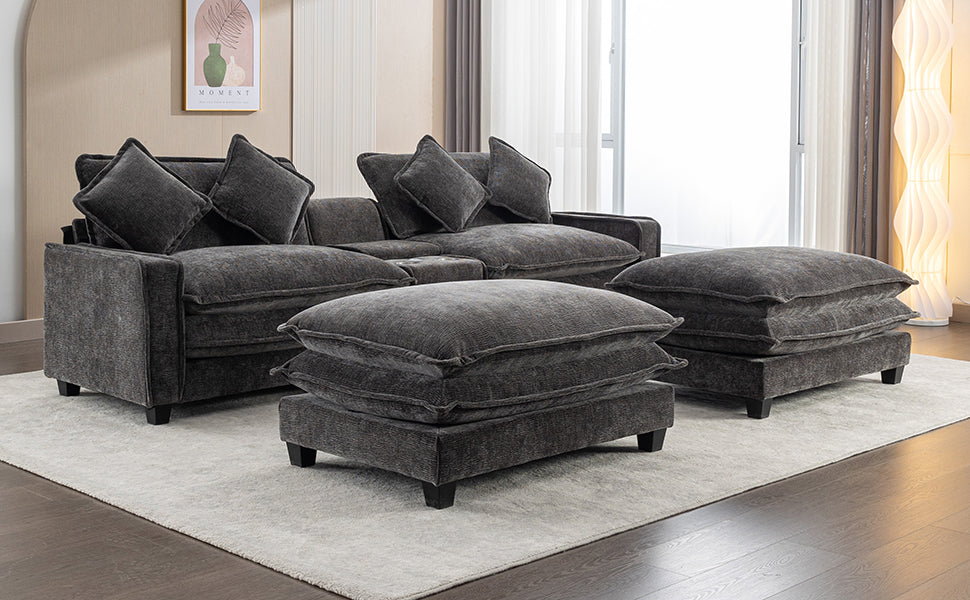112.6" Sectional Sofa Chenille Upholstered Sofa With Two Removable Ottoman, Two Usb Ports, Two Cup Holders And Large Storage Box For Living Room, Black Black Foam Chenille 2 Seat