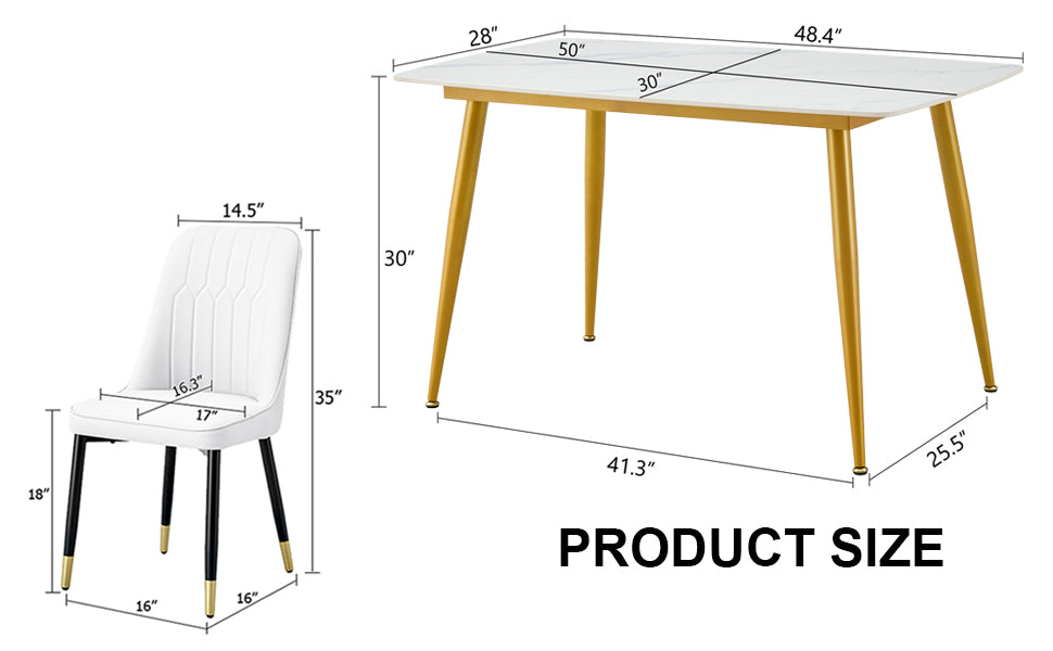 Table And Chair Set.A Morden Table With White Imitation Marble Patterned Stone Burning Tabletop With Golden Metal Legs.Paried With 4 Chairs With Pu Leather Backrest And Black Metal Legs. Black,White Gold Seats 4 Metal,Sintered Stone