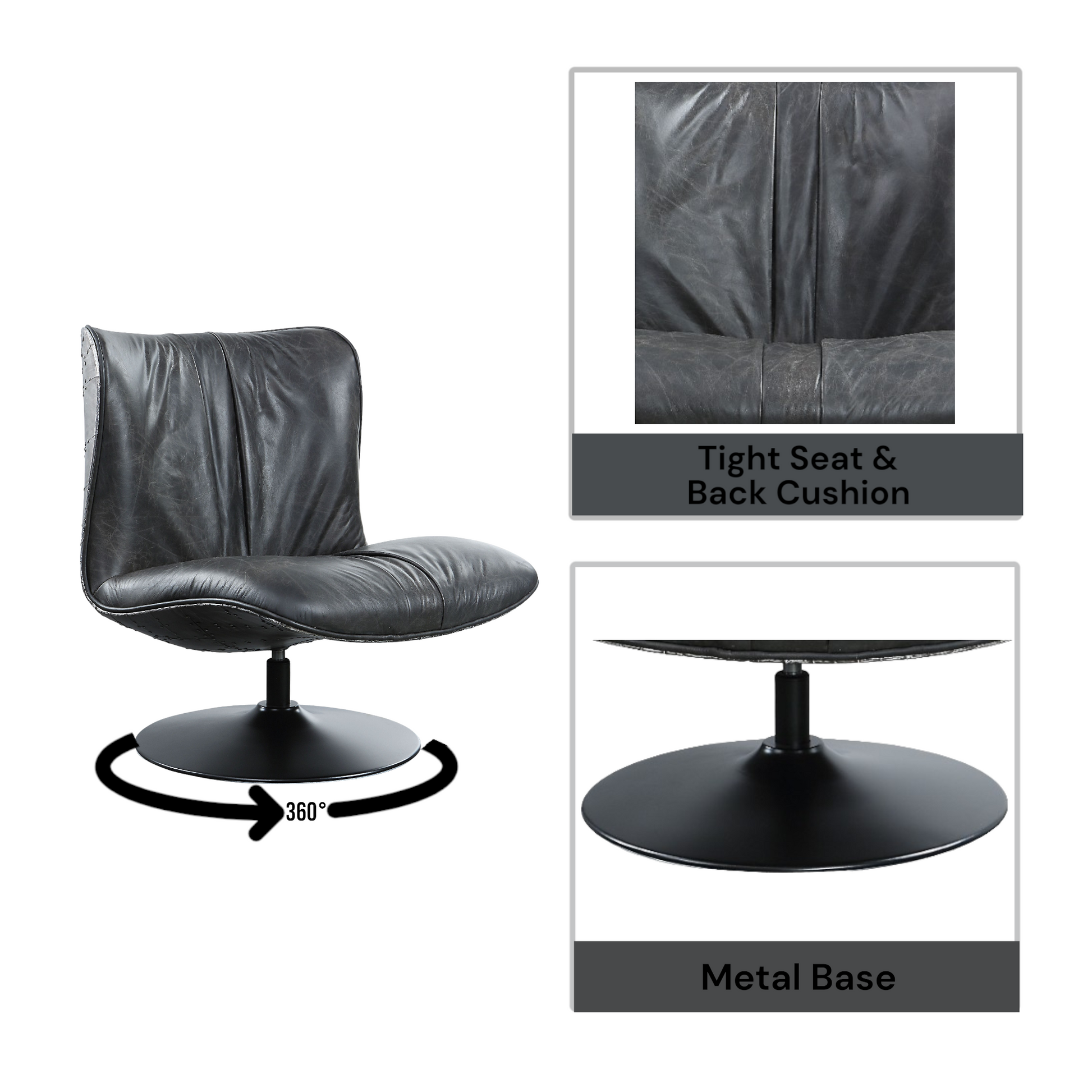 Piotr Accent Chair W Swivel, Black Top Grain Leather Ac02581 Black Wood