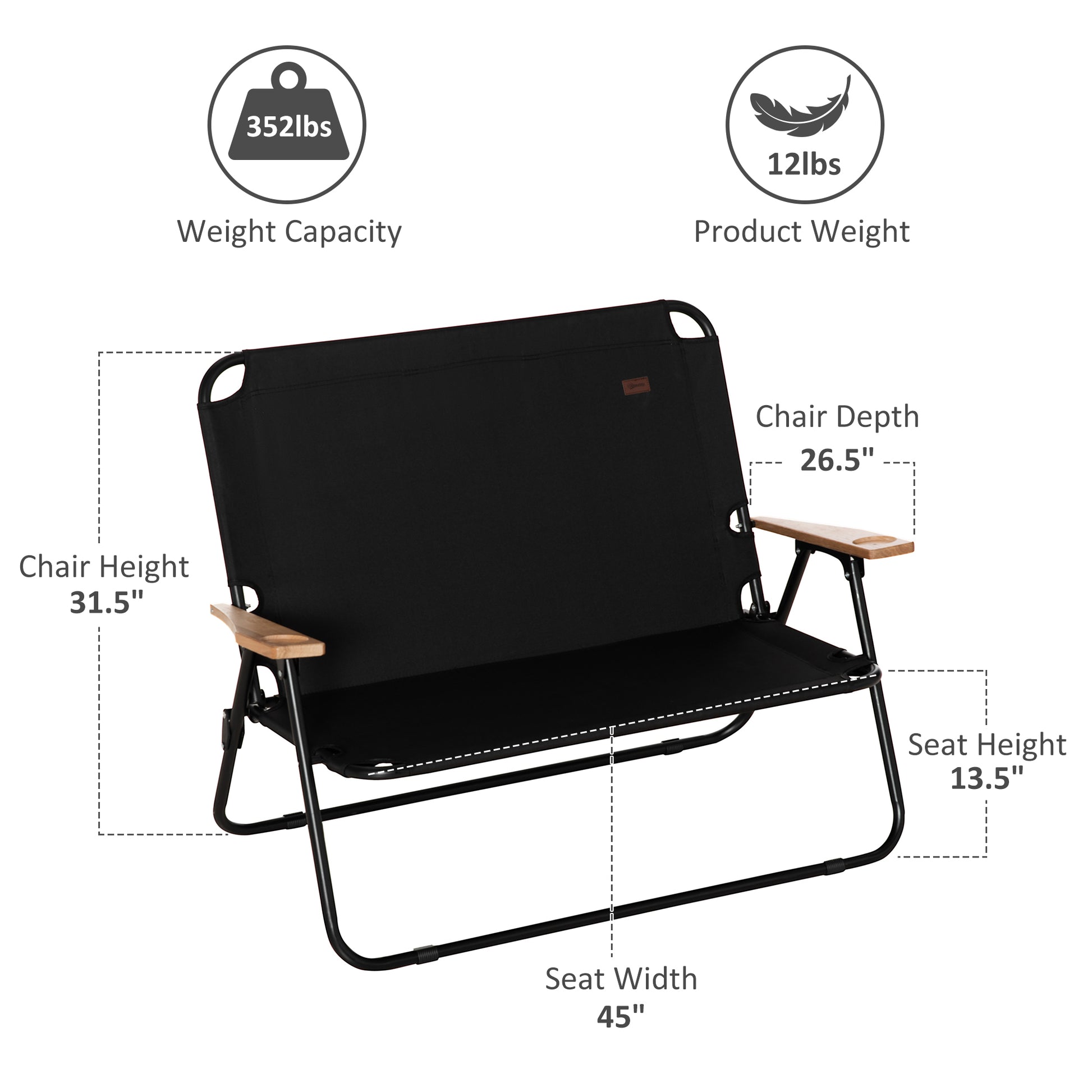 Outsunny Double Folding Camping Chair, Loveseat For 2 Adults, Portable Camping Couch With Wood Armrest & Cupholders, For Backpacking, Beach, Sports Travel, Black Black Steel