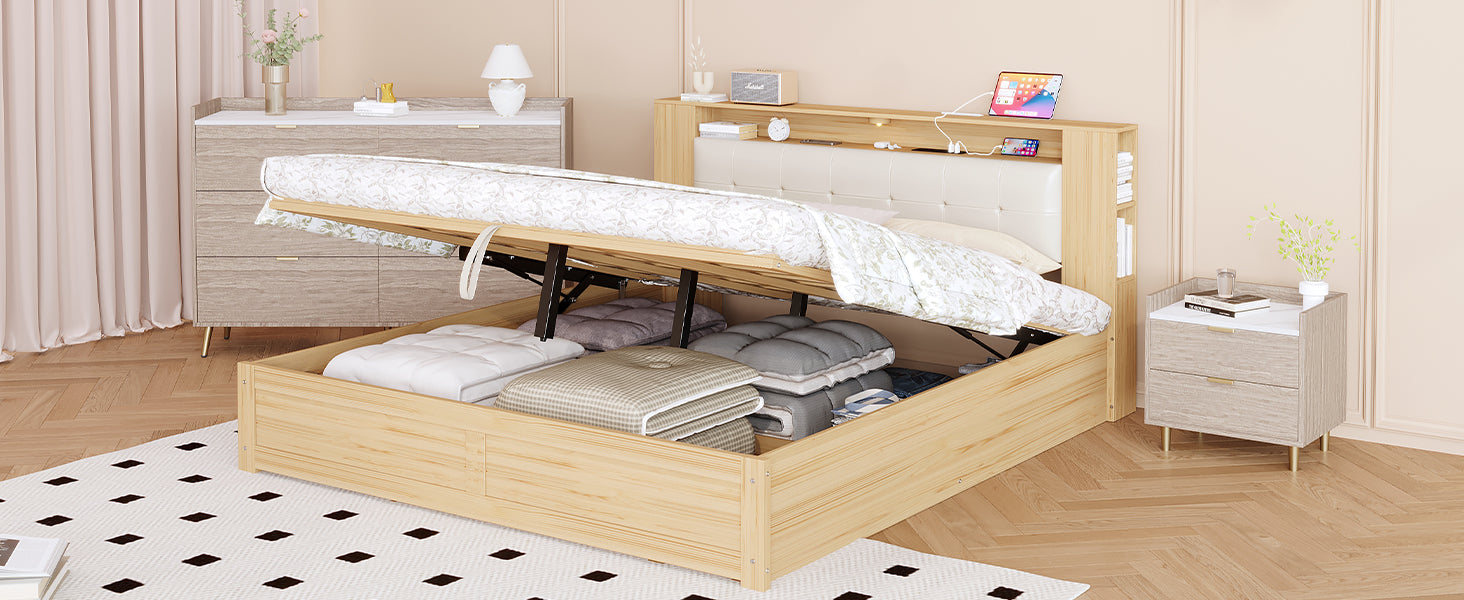 3 Pieces Bedroom Sets Queen Size Tufted Upholstered Platform Bed With Motion Activated Night Lights And Usb Charger, Modern Storage Nightstand And Dresser, Natural Queen Natural 3 Piece Set Wood