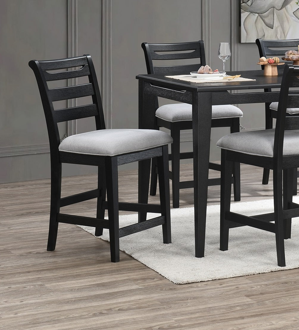 Black Color 7Pc Dining Set Counter Height Table And 6X High Chairs Upholstered Fabric Cushion Seats Solid Wood Dining Room Furniture Wood Dining Room Solid Wood Rubberwood Rectangular Dining Table With Chair Upholstered Chair Wood Black Ladder Back Seats