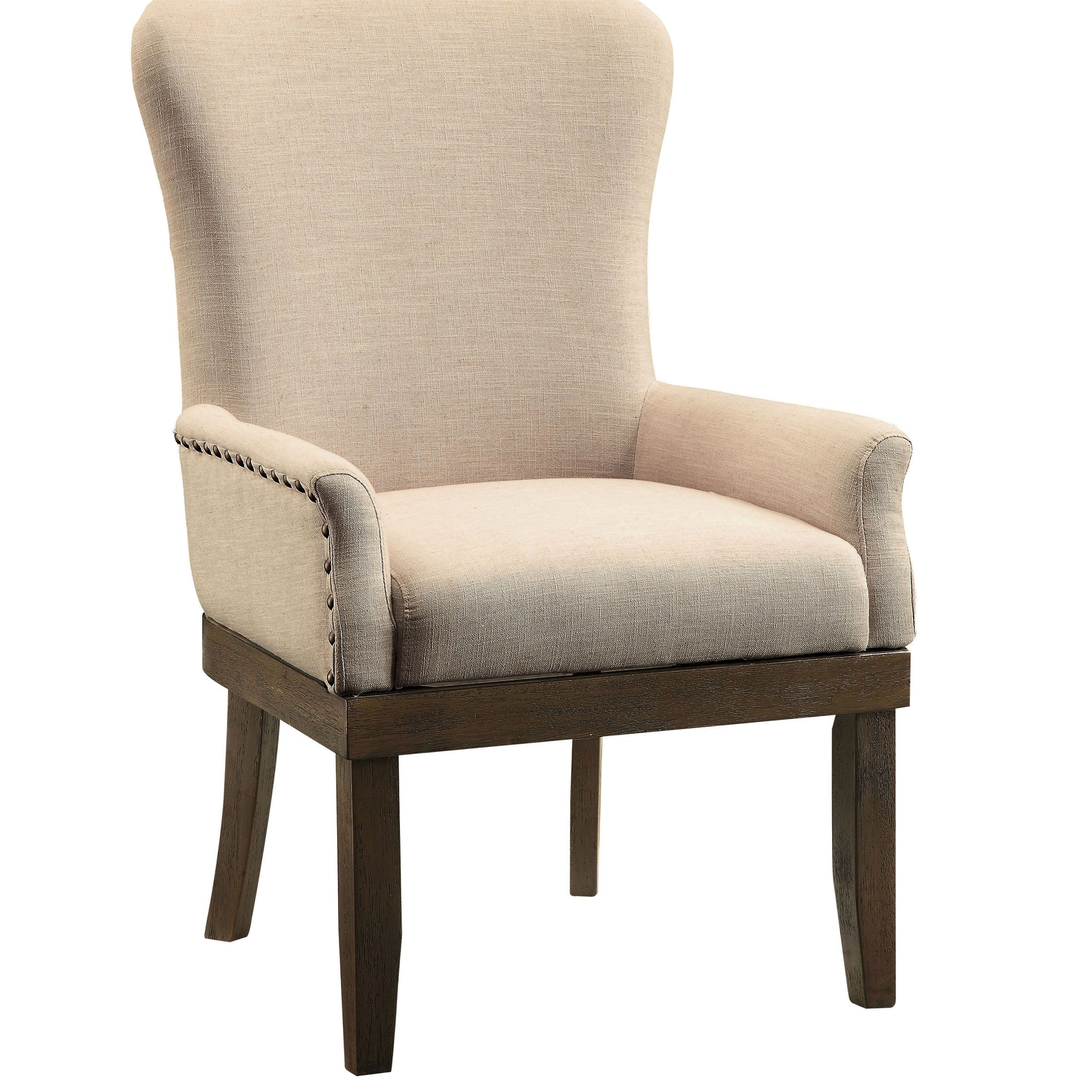 Wooden Arm Chair With Wing Back And Trims, Beige And Brown Beige Brown Wood Fabric