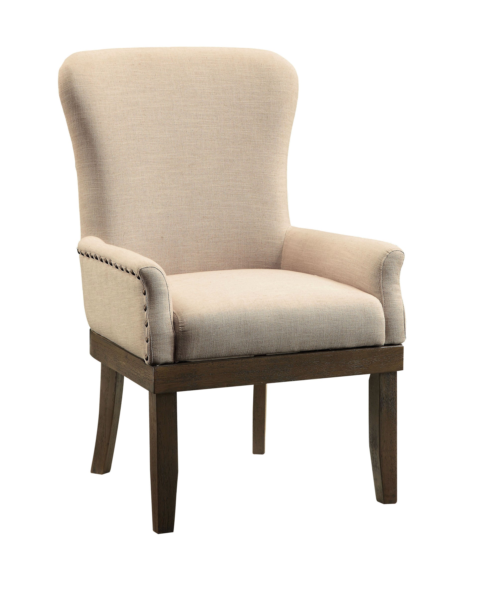 Wooden Arm Chair With Wing Back And Trims, Beige And Brown Beige Brown Wood Fabric