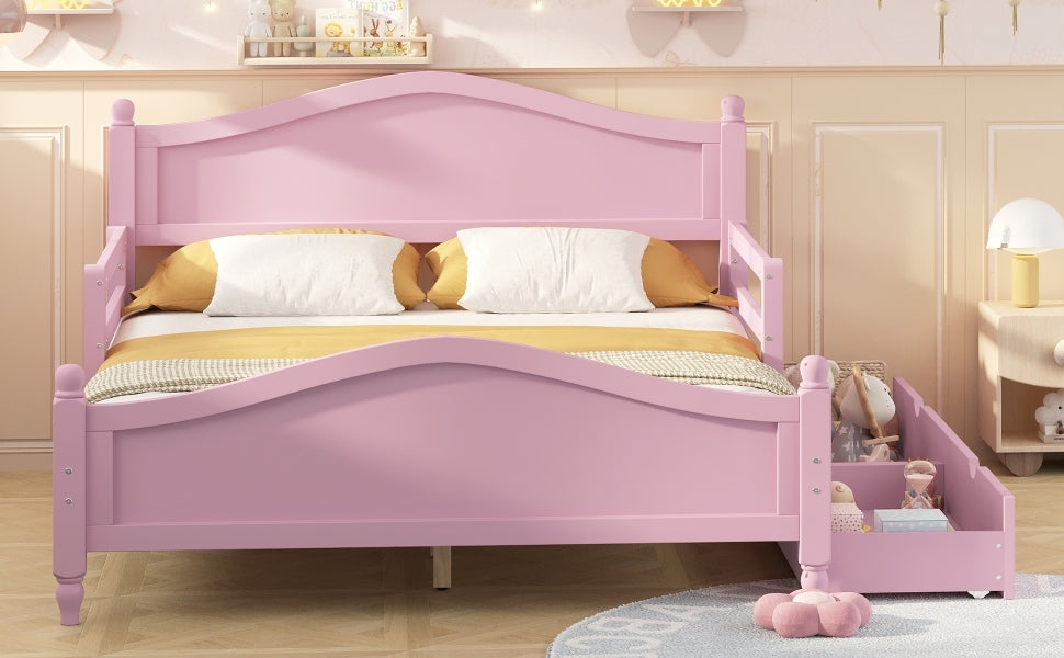 Full Size Wood Platform Bed With Guardrails On Both Sides And Two Storage Drawers ,Pink Full Pink Wood