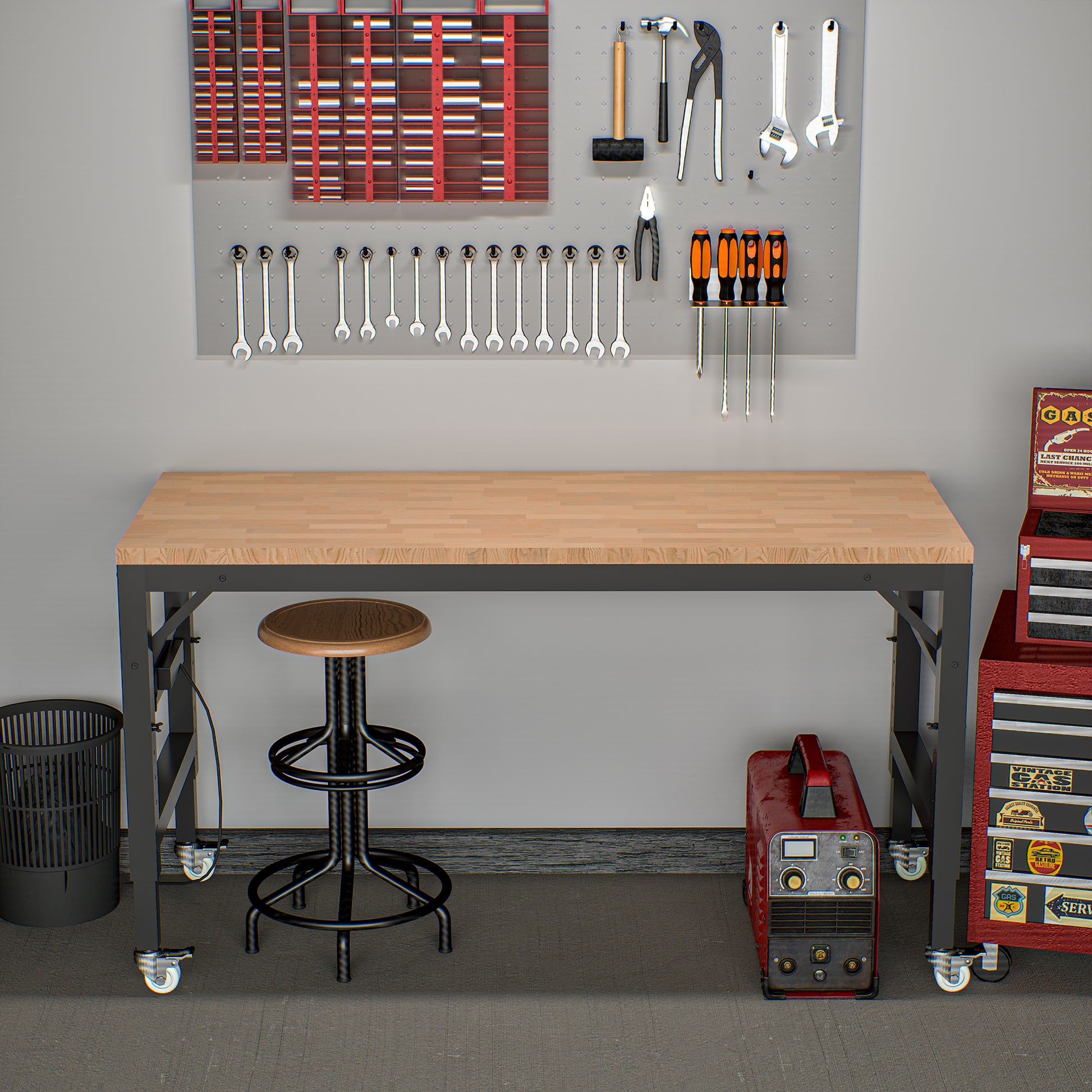 60" Adjustable Workbench For Garage, Rubber Wood Heavy Duty Workstation With Power Outlets & Wheels, 2000 Lbs Load Capacity Hardwood Worktable For Workshop, Garage, Office, Home, Commercial Black Metal & Wood