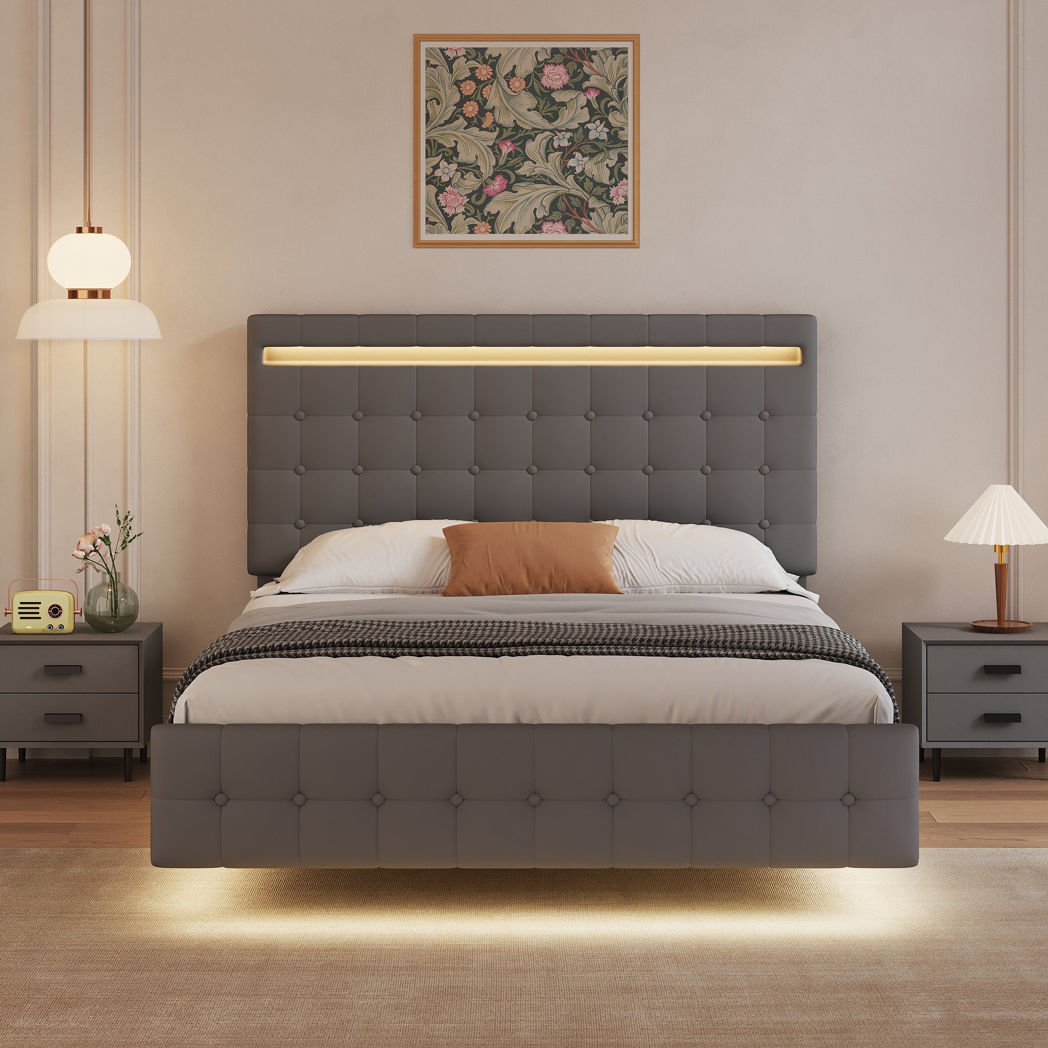 Floating Bed Frame Queen Size With Led Lights, Upholstered Headboard And Footboard Platform Bed, Wood Slats Support Easy Assembly,Plush Velvet Dark Grey Box Spring Not Required Queen Dark Grey Wood Bedroom American Design Bed Frame Velvet Velvet