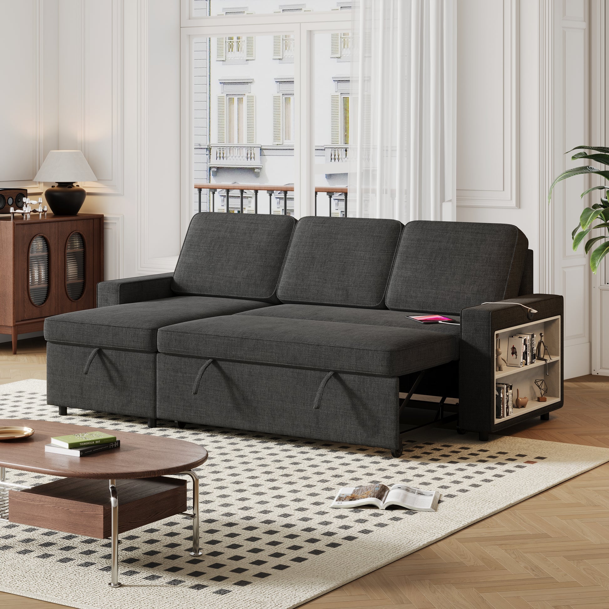 85.8" Pull Out Sleeper Sofa L Shaped Couch Convertible Sofa Bed With Storage Chaise And Storage Racks,With Usb Port And T Pyce Port Black Fabric 3 Seat