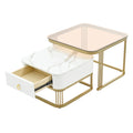 Nesting Coffee Table With Drawer, Set Of 2, Exquisite Square Stacking Coffee Tables With Brown Tempered Glass, Side Table With High Gloss Marble Grain Tabletop For Living Room, White White Gold Primary Living Space Drawers Square Mdf Steel