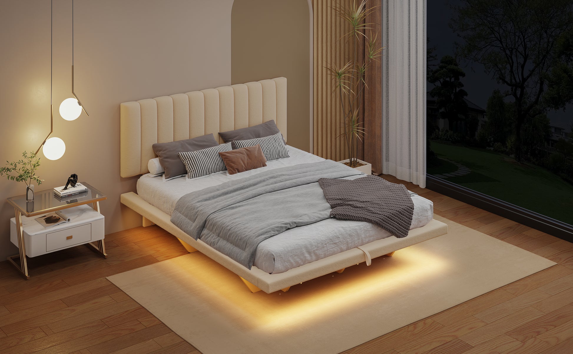 Queen Size Upholstered Floating Bed With Led Light And Usb Port, Velvet, Beige, Hydrualic Platform Bed Queen Beige Velvet