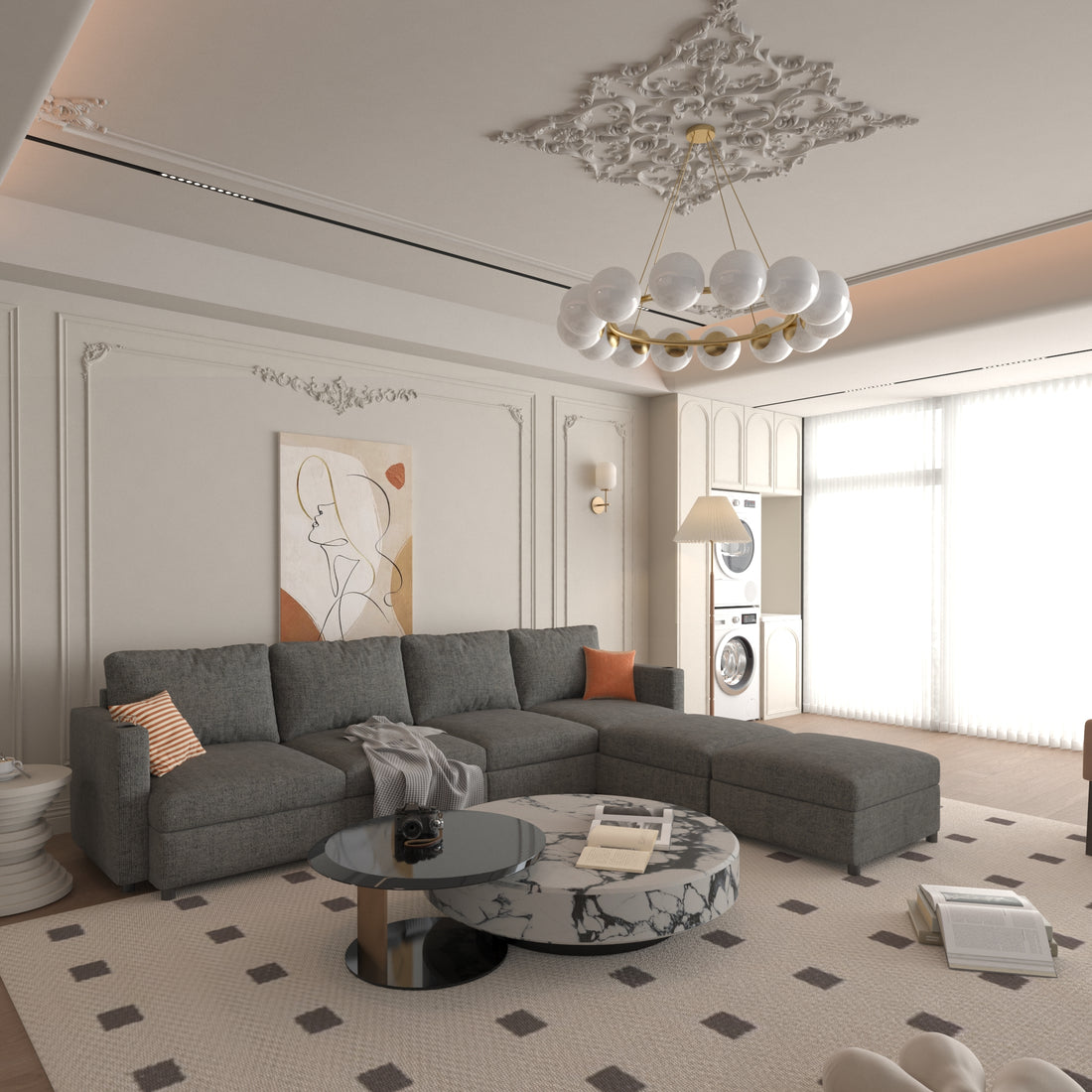 Modern Large Sectional Sofa, U Shape Modular Sectional Couch With Storage Function,123" Sofa Bed With Ottoman,6 Seat Sectionals Chaise For Living Room,Chenille Grey Fabric 6 Seat