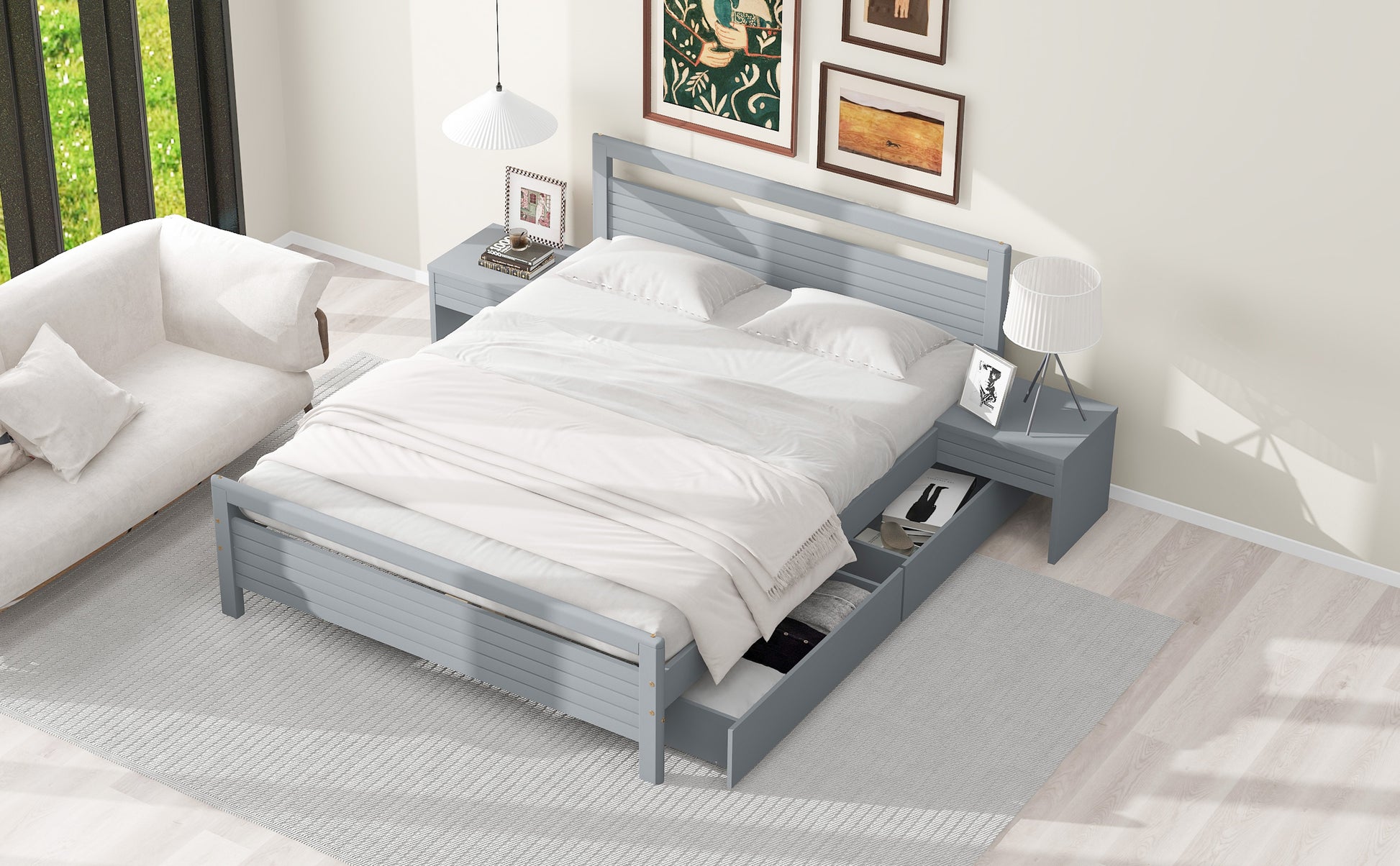 Queen Size Wooden Platform Bed With 2 Storage Drawers And 2 Bedside Tables, Gray Queen Gray Pine