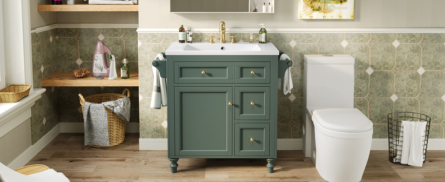 30'' Bathroom Vanity With Top Sink, Modern Bathroom Storage Cabinet With 2 Drawers And A Tip Out Drawer, Single Sink Bathroom Vanity Same As Sw000143Aaf Green Bathroom Modern Solid Wood Mdf Resin