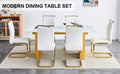 Table And Chair Set.Large Modern Rectangular Table With 0.4 Inch Patterned Glass Tabletop And Large Mdf Table Legs.Comes With 6 Chairs With Faux Leather Cushioned Seats And Golden Metal Legs. Gold White Seats 6 Mdf Glass