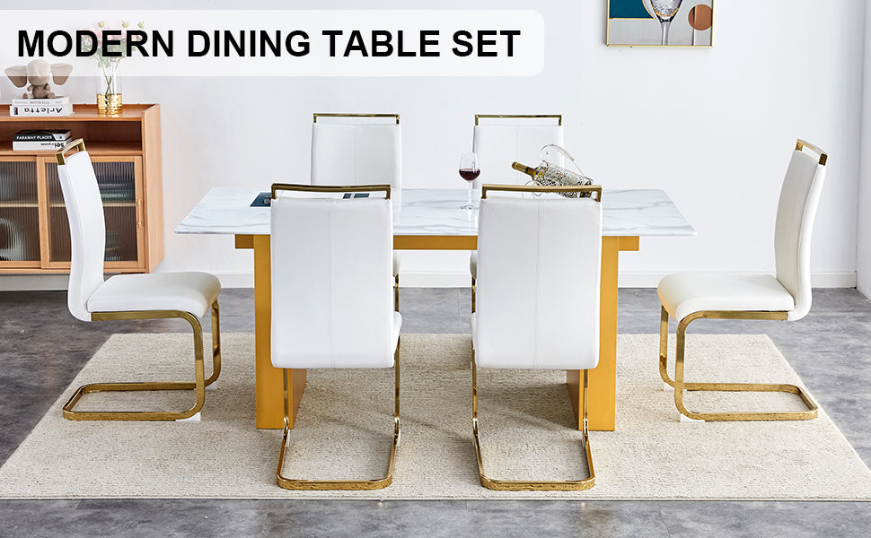 Table And Chair Set.Large Modern Rectangular Table With 0.4 Inch Patterned Glass Tabletop And Large Mdf Table Legs.Comes With 6 Chairs With Faux Leather Cushioned Seats And Golden Metal Legs. Gold White Seats 6 Mdf Glass