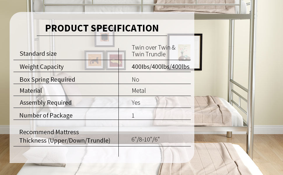 Heavy Duty Sturdy Meta Twin Over Twin With Trundle Bunk Bed L Noise Reduced Safety Guardrail No Box Spring Needed,Gray Silver Twin Gray Silver Metal