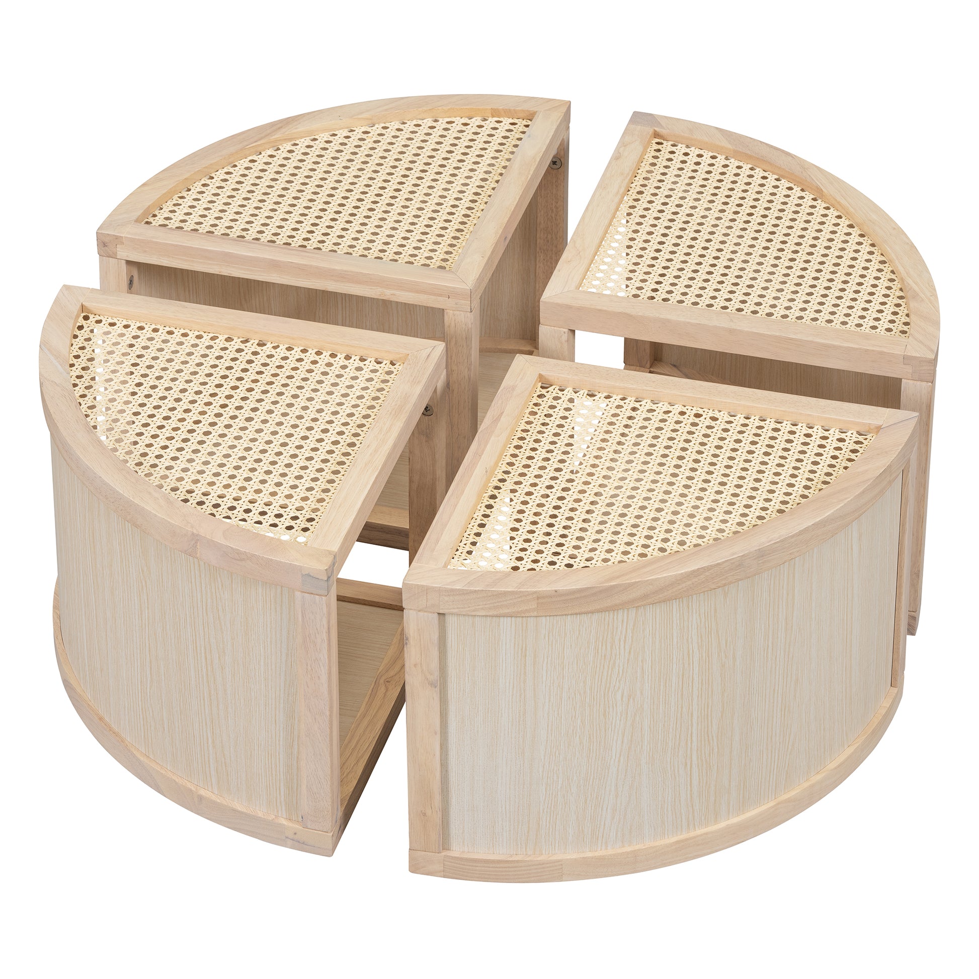 Round To Square Block Modular Coffee Table Light Natural Rattan With Storage 4 Piece Light Natural Rubber Wood