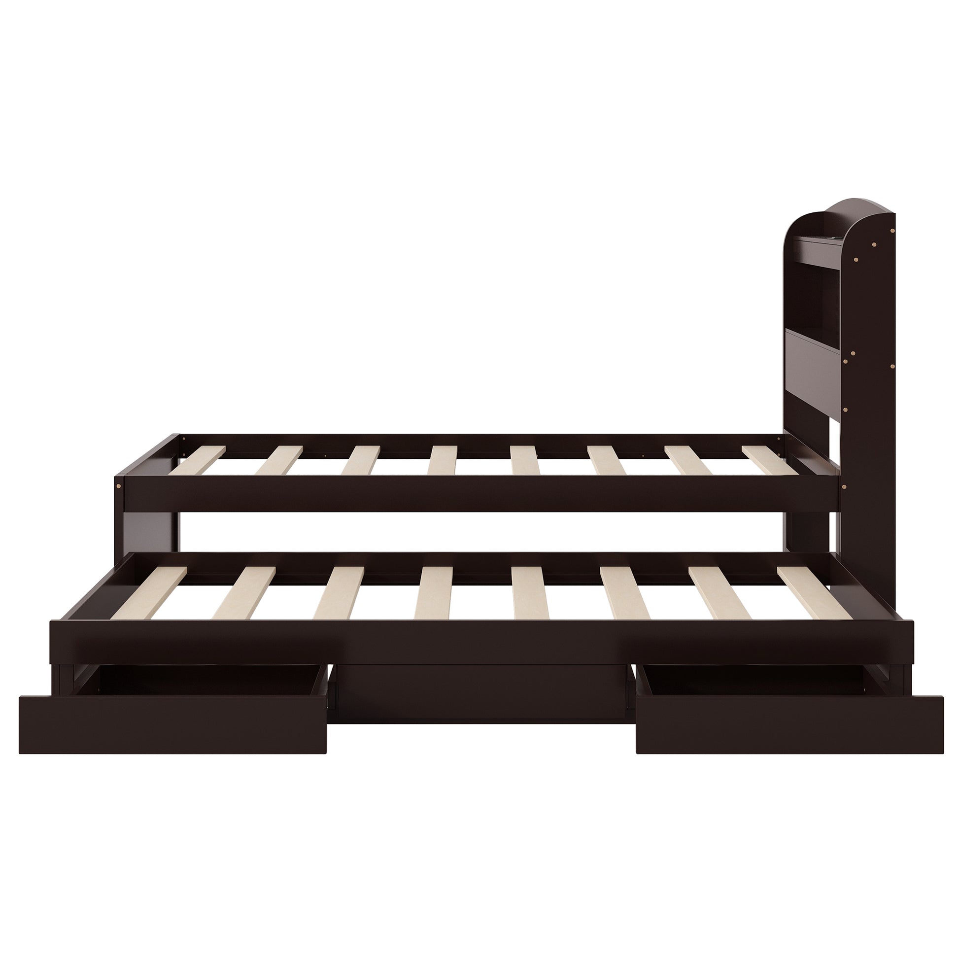 Twin Xl Size Platform Bed With Storage Led Headboard, Charging Station, Twin Size Trundle And 2 Drawers, Dark Brown Box Spring Not Required Twin Xl Dark Brown Wood Bedroom Bed Frame Solid Wood Mdf