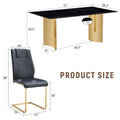 Table And Chair Set.The Table Has A Glass Tabletop With Imitation Marble Pattern Stickers And Stainless Steel Golden Table Legs. Paried With Comfortable Chairs With Pu Seats And Metal Legs. Gold Black Seats 8 Glass Metal