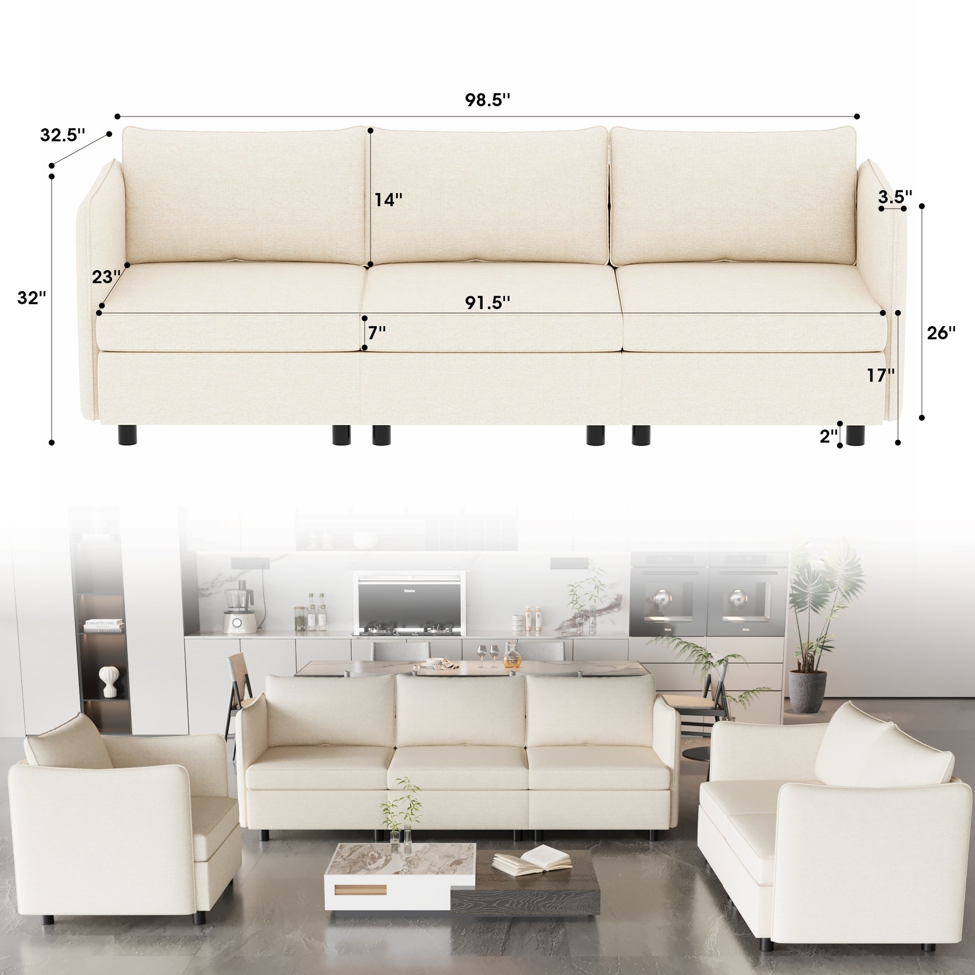 Modular Sectional Sofa, Convertible Sofa Seat With Storage, Sets Including Three Seater Sofa & Couches,Loveseat And Single Chair 1 2 3 Seat For Living Room Beige Fabric 6 Seat