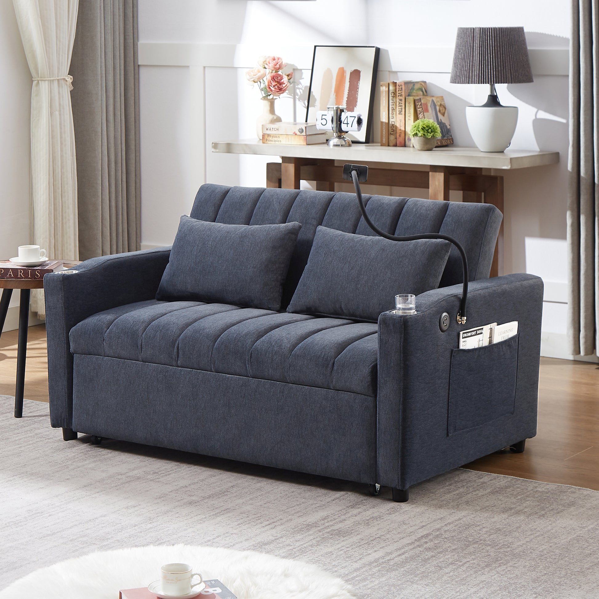 55.9" Convertible Sofa Bed Loveseat Sofa With Three Usb Ports, Two Side Pockets, Two Cup Holders And 360 Swivel Phone Holder For Living Room, Blue Grey Blue Gray Foam Polyester