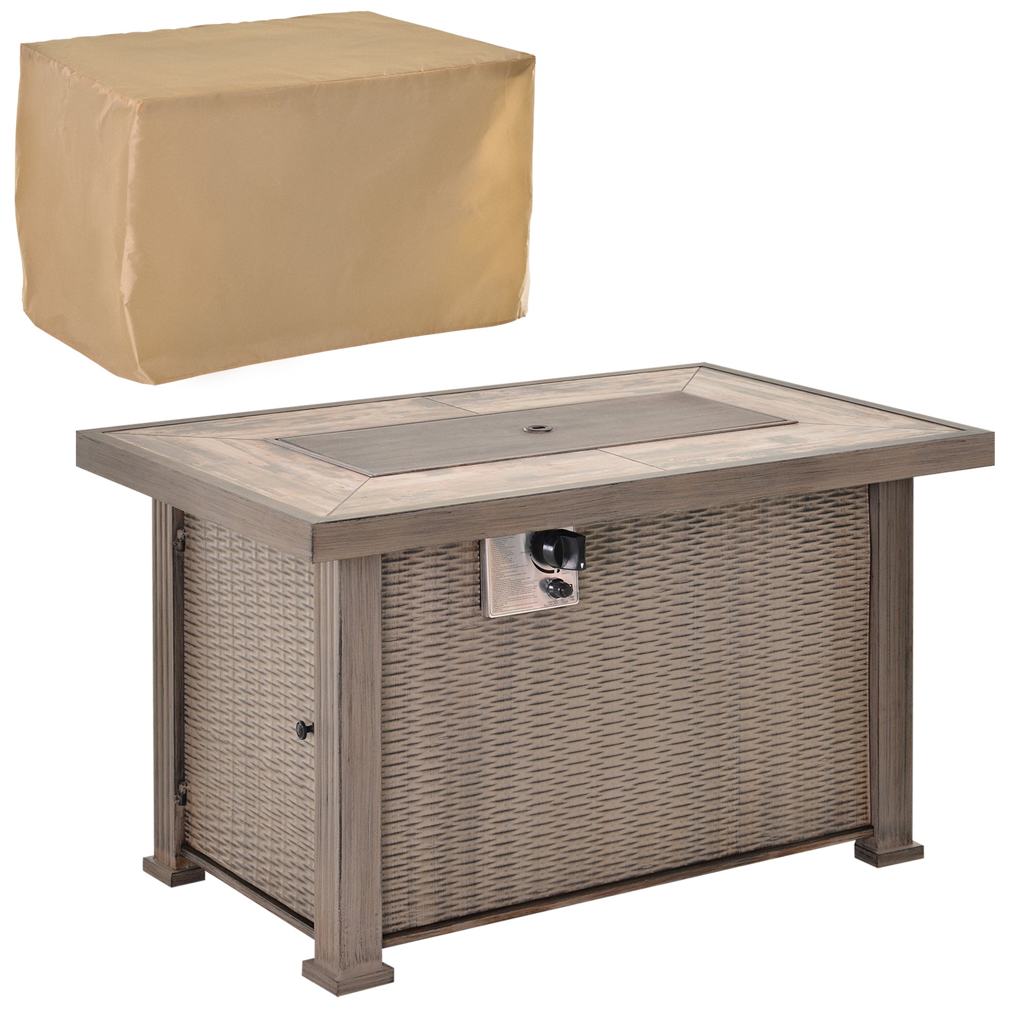 Outsunny 42" Propane Fire Pit Table, 50,000 Btu Wicker Effect Auto Ignition Gas Fireplace Fire Pits With Ceramic Tabletop, Steel Base, Lid, Lava Rocks And Cover, Csa Certification, Grey Gray Steel