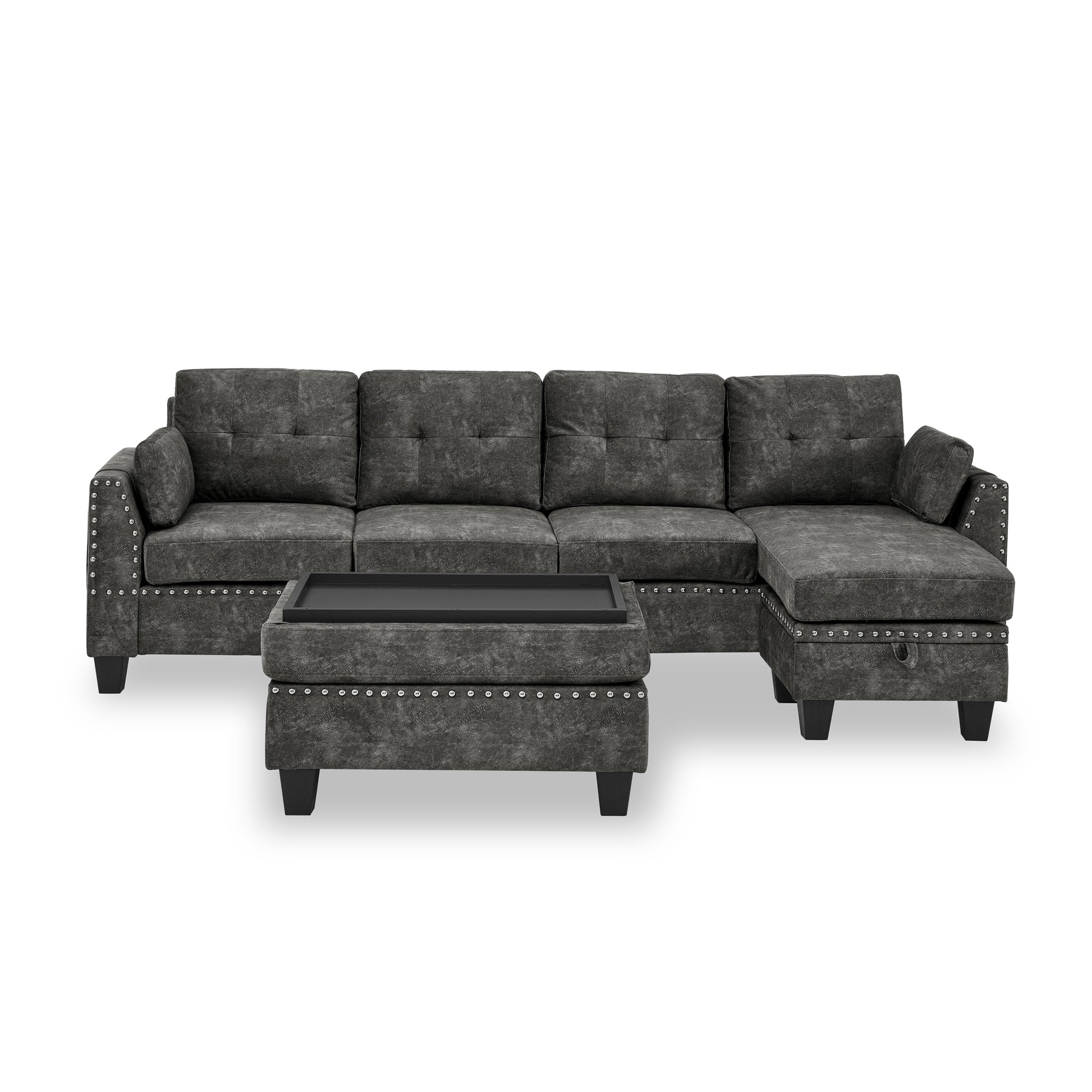 Sectional 3 Seaters Sofa ,Double Sided Multi Functional Footstool, Storage Matnon Slip Leg, Two Pillows, Velvet, Dark Grey Dark Grey Velvet 3 Seat