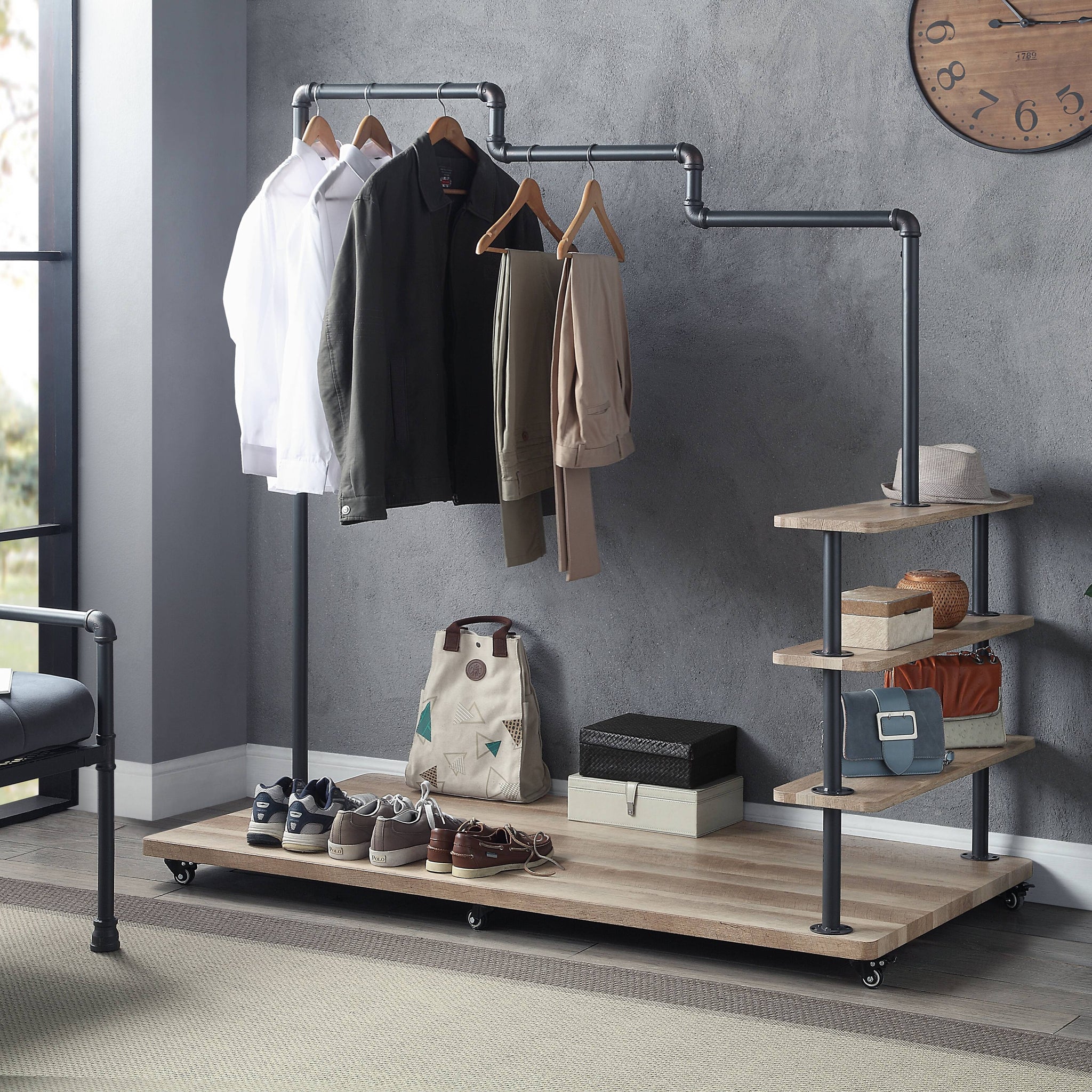Oak And Sandy Grey 4 Shelf Hanger Rack 3 Oak Standard Horizontal Primary Living Space Open Back Wood Wood Metal