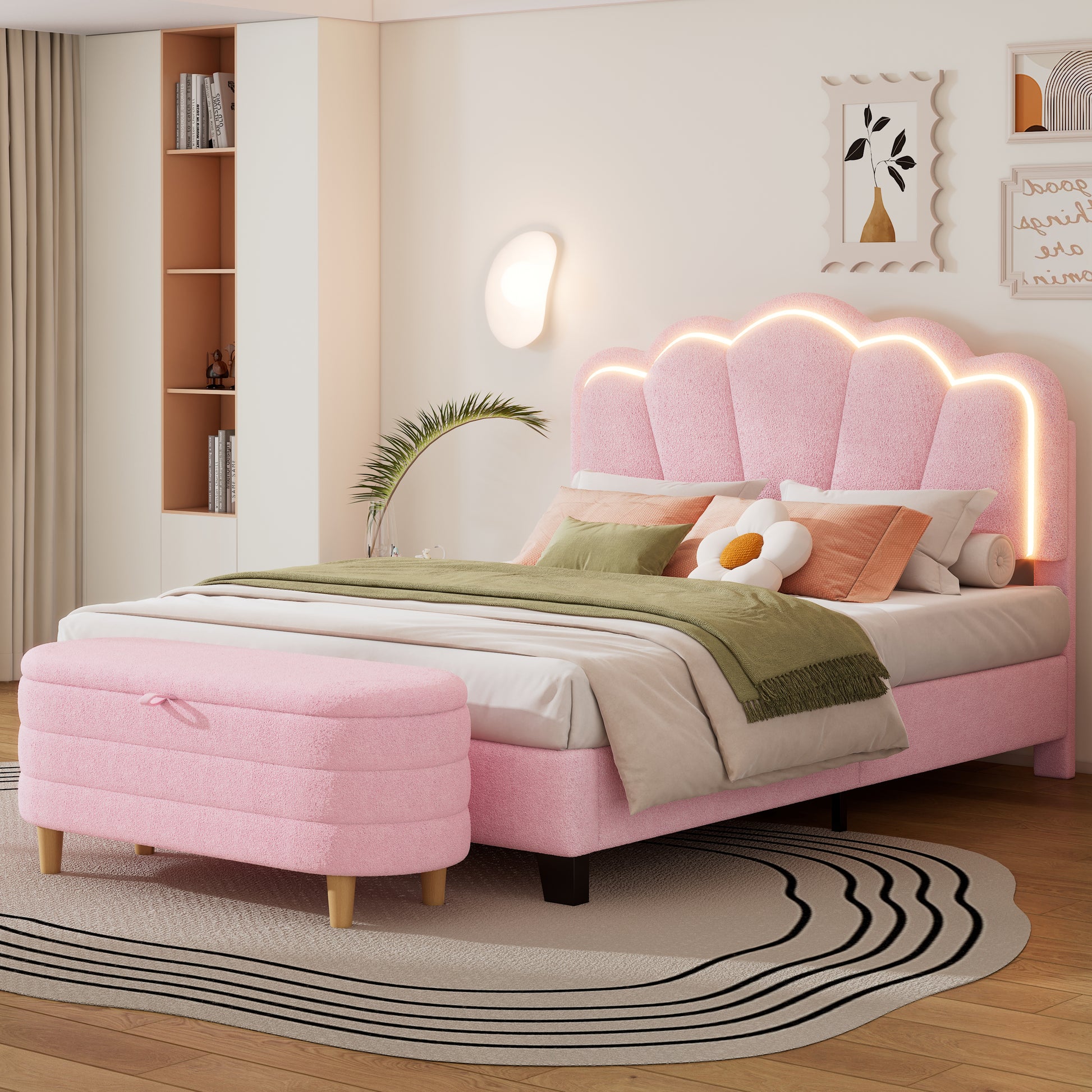 2 Pieces Bedroom Sets Full Size Flower Shaped Upholstered Led Platform Bed With Storage Ottoman Sherpa Fabric, Pink Full Pink 2 Piece Set Wood