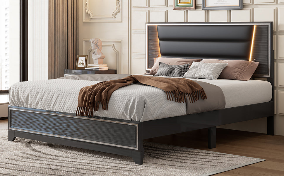 Queen Size Pu Upholstered Bed, Headboard With Led Light Strips And Sparkling Shiny Decoration, No Box Spring Required, Black Queen Black Pu