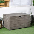 Outsunny 113 Gallon Deck Box, Rattan Outdoor Storage Box, Waterproof Storage Container For Indoor, Patio Furniture Cushions, Pool Toys, Garden Tools, Gray Grey Steel