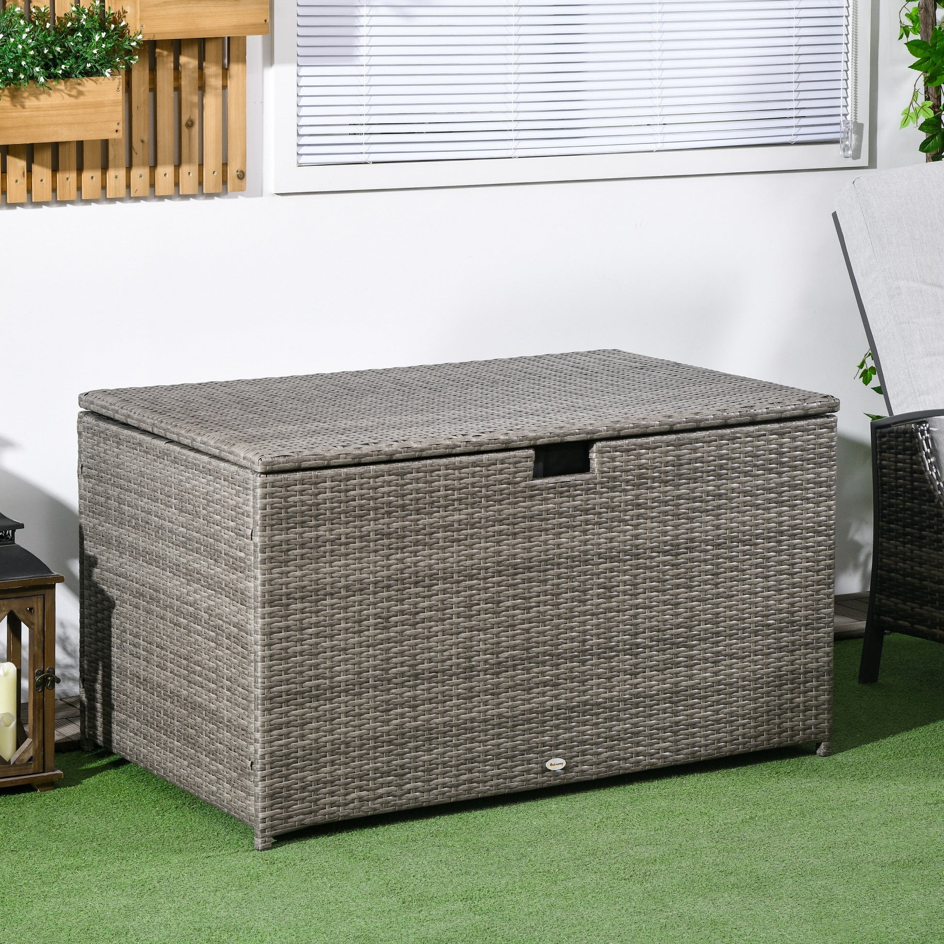 Outsunny 113 Gallon Deck Box, Rattan Outdoor Storage Box, Waterproof Storage Container For Indoor, Patio Furniture Cushions, Pool Toys, Garden Tools, Gray Grey Steel