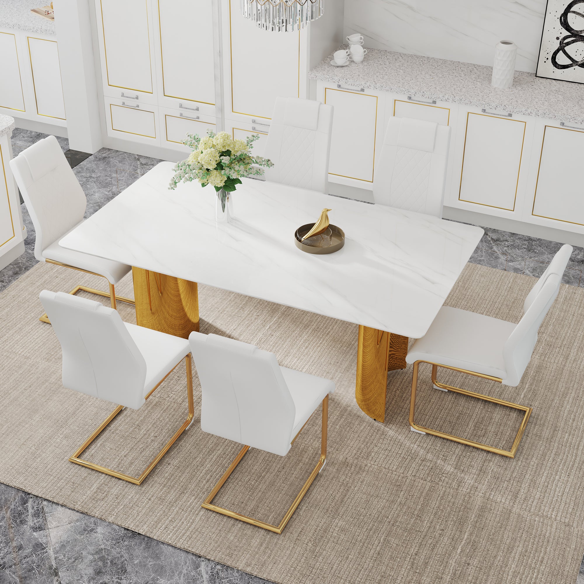 Table And Chair Set.The Table Has A Glass Tabletop With Imitation Marble Pattern Stickers And Stainless Steel Golden Table Legs. Paried With Comfortable Chairs With Pu Seats And Metal Legs. White Gold Seats 6 Glass Metal