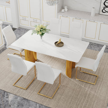Table And Chair Set.The Table Has A Glass Tabletop With Imitation Marble Pattern Stickers And Stainless Steel Golden Table Legs. Paried With Comfortable Chairs With Pu Seats And Metal Legs. White Gold Seats 6 Glass Metal
